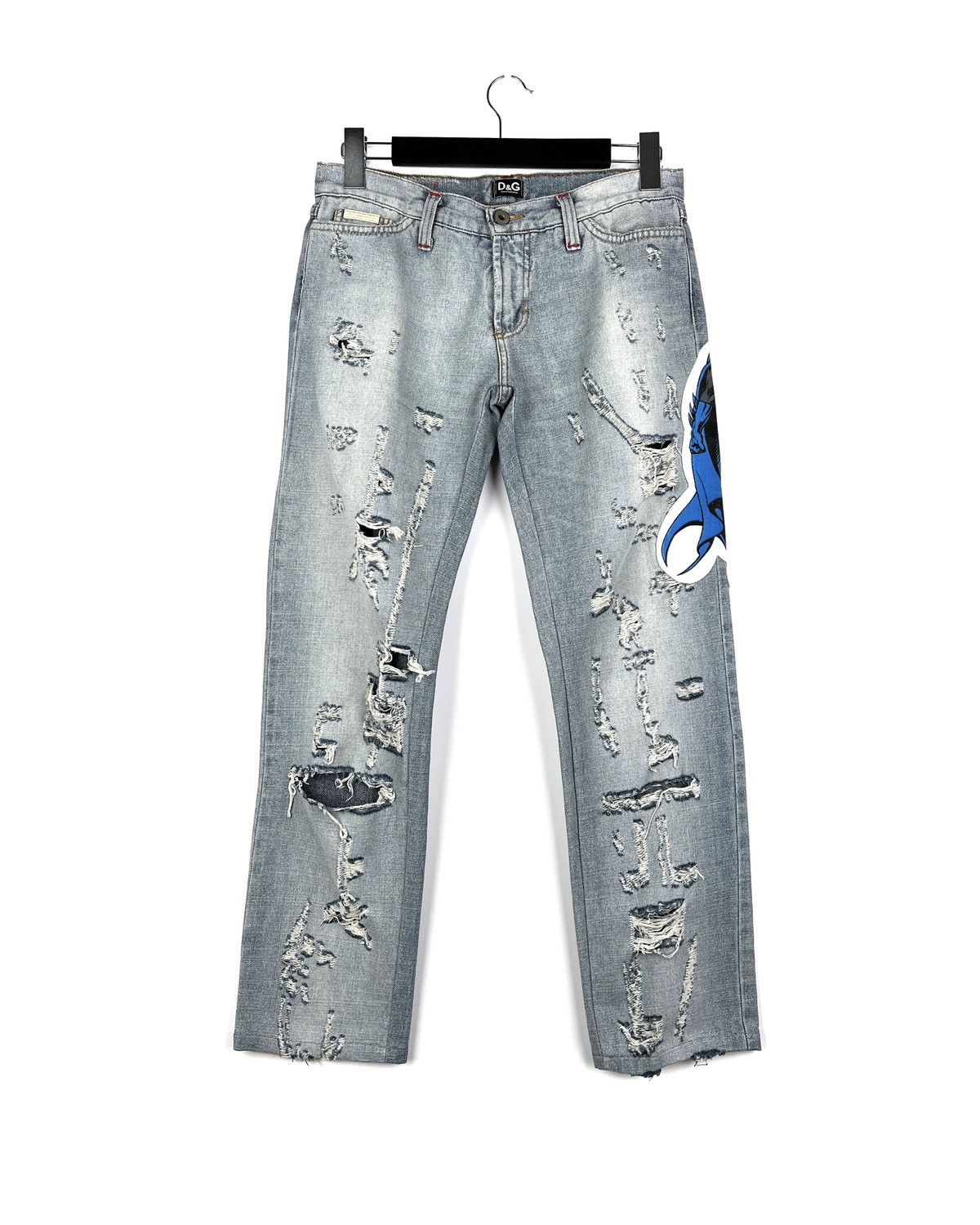 image of Dolce Gabbana x Vintage Dolce & Gabbana Ss05 Batman Dc Patch Distressed Denim Jeans in Grey (Size 3