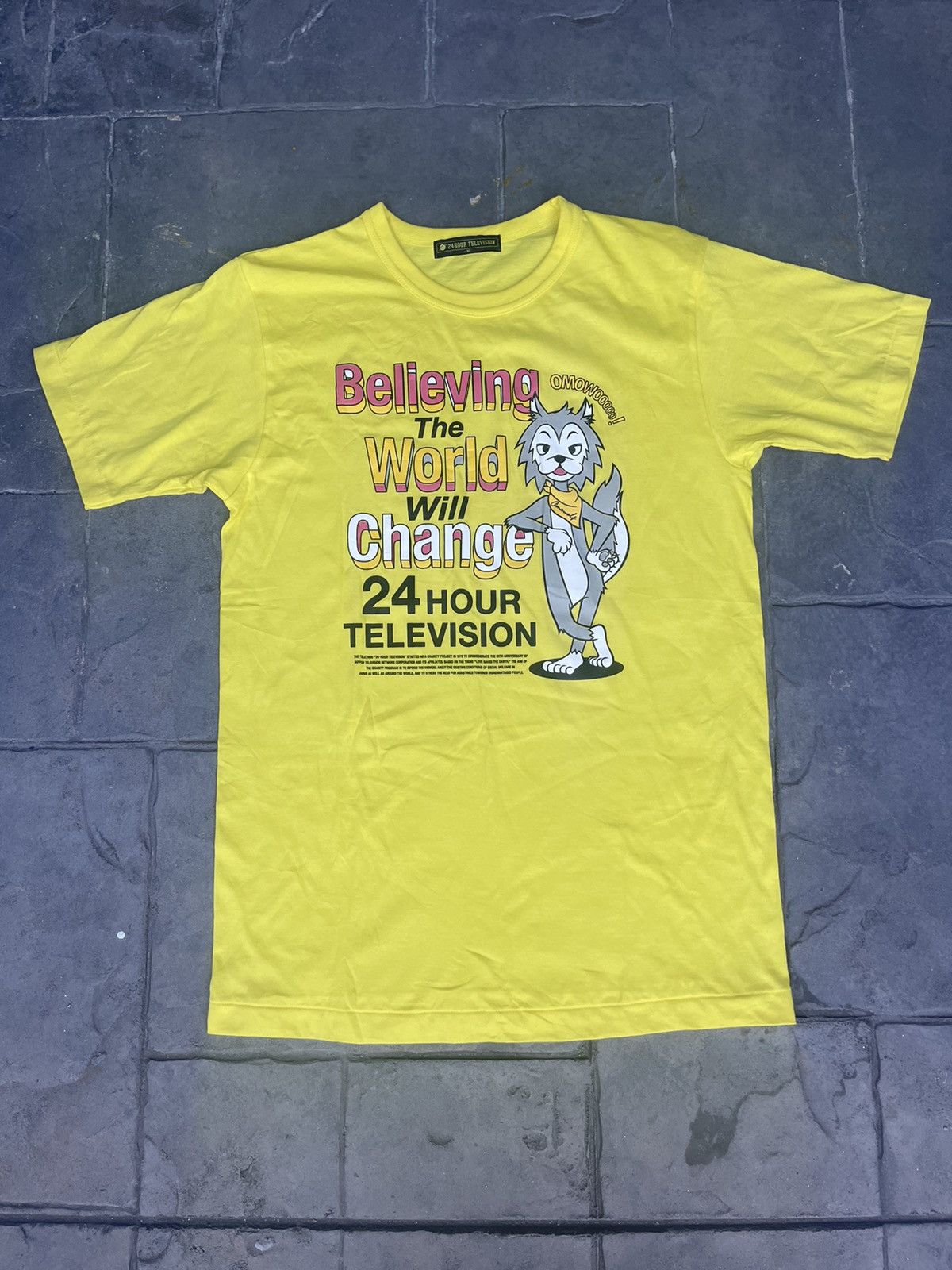 image of Vintage Japan Made 24Hour Television Believing The World Will Change in Yellow, Men's (Size Medium)