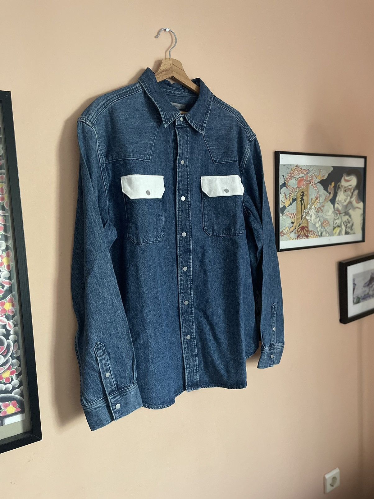 image of Calvin Klein Jeans By Raf Simons Western Denim Shirt in Washed Indigo, Men's (Size XL)