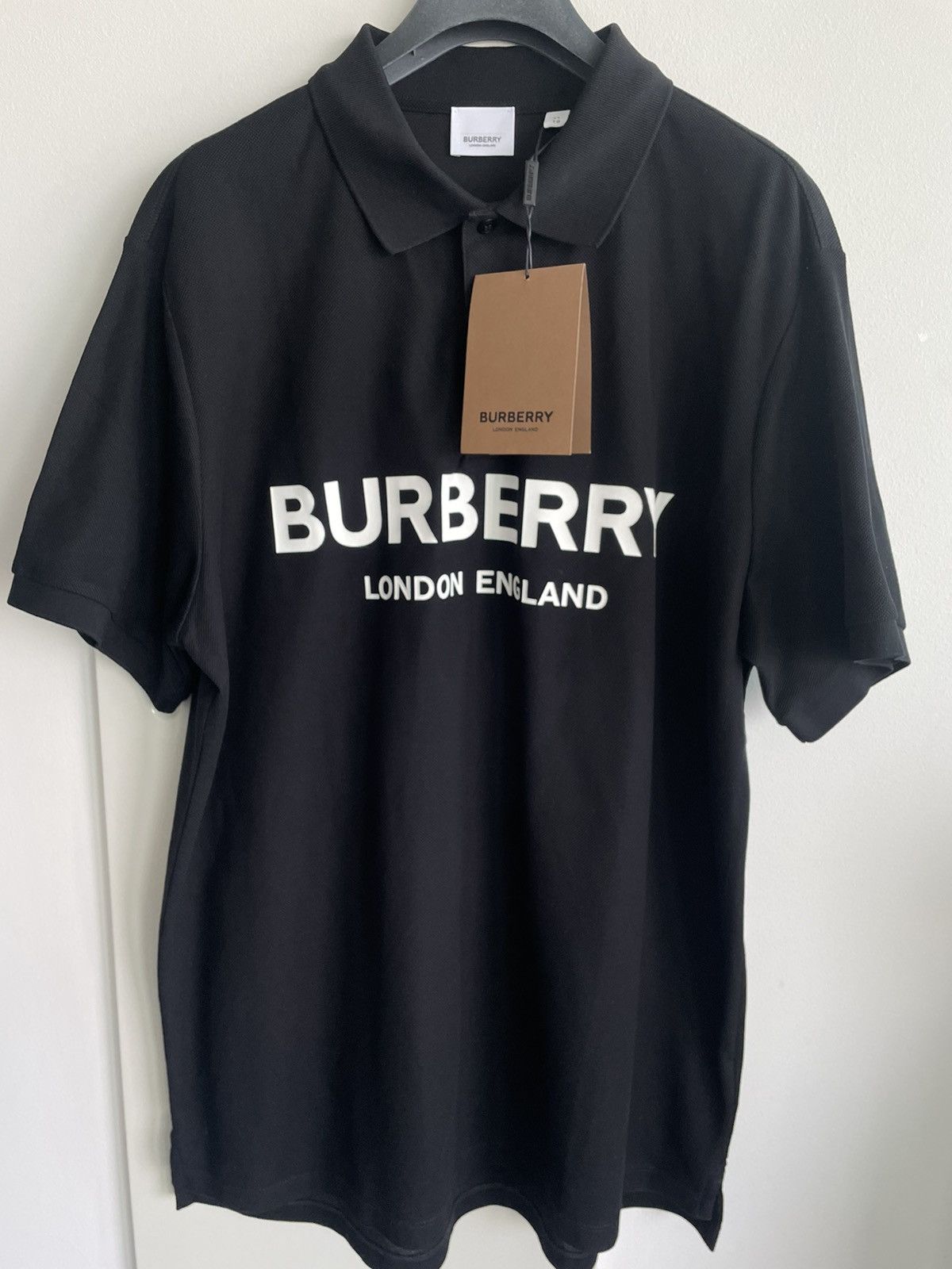 Image of Burberry Limited Edition Iconic Bbr Logo Polo Tee T-Shirt in Black, Men's (Size XL)