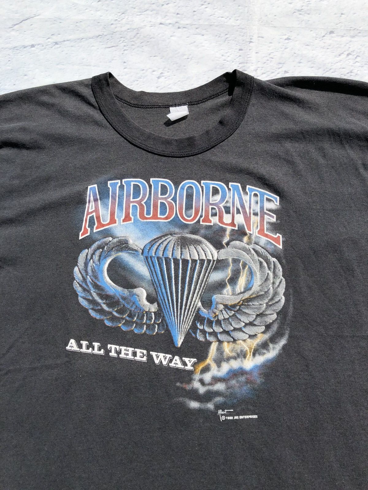Vintage Vintage 1988 Airborne All The Way Army Faded Black Tee Size US XL / EU 56 / 4 - 2 Thumbnail