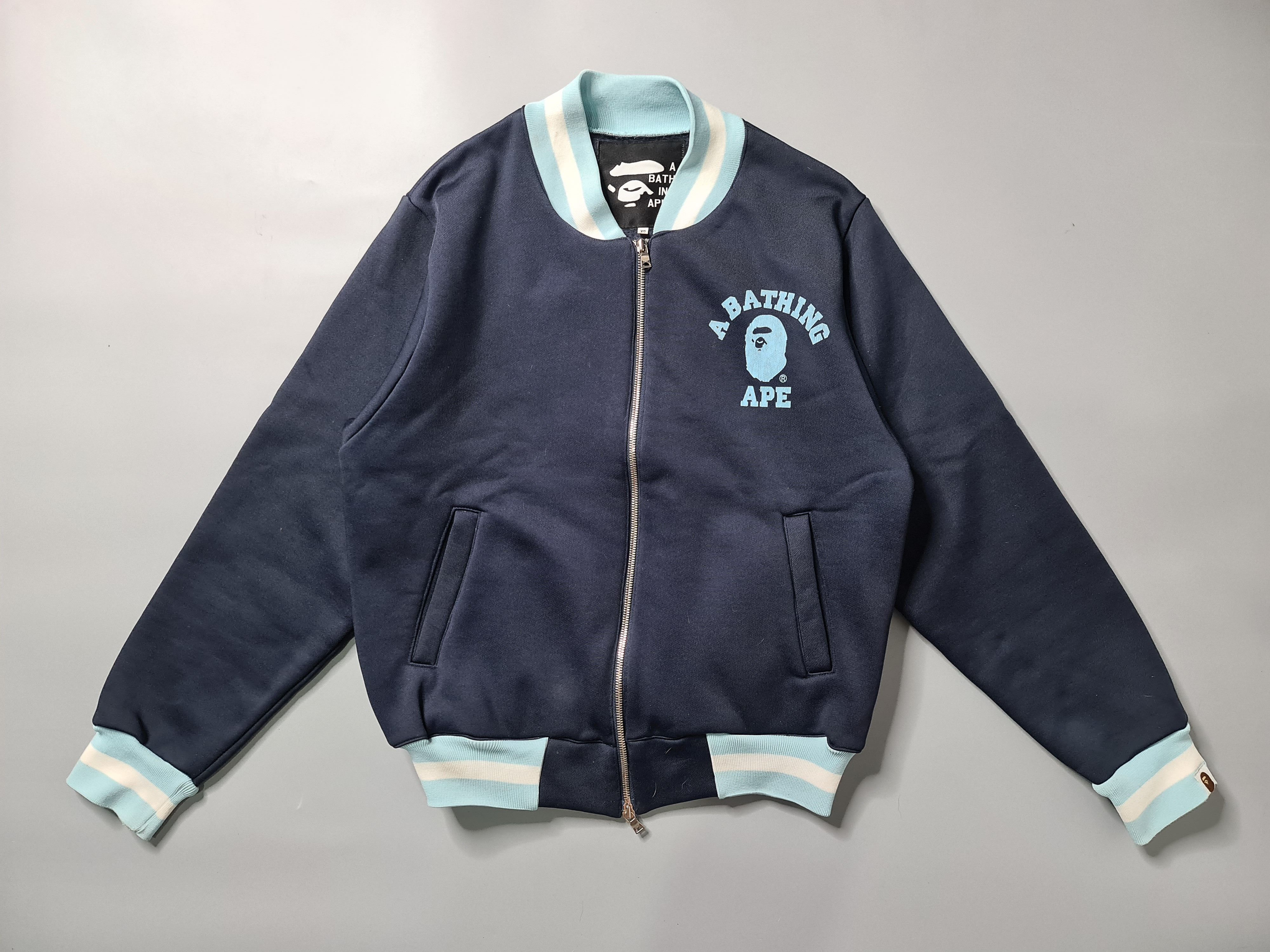 image of Bape - OG Bape College Nylon Varsity Jacket in Navy Blue/Light Blue/White, Men's (Size XS)