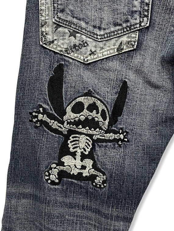 Disney × Stitch's Jeans FYE💥DISNEY Grunge SKELETON STITCH Distressed Denim Pants Size US 31 - 1 Thumbnail