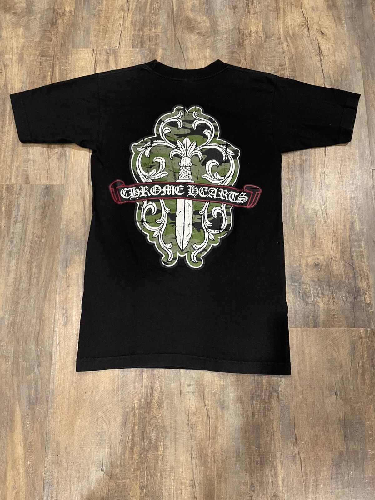 image of Chrome Hearts Vine Dagger Scroll Logo Black Pocket Tee, Men's (Size Small)