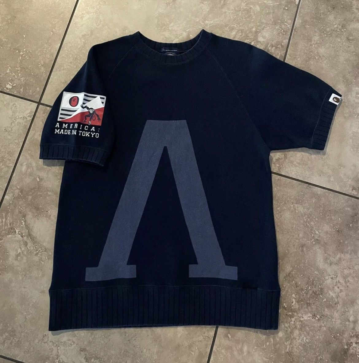 image of Bape America Made In Tokyo Short Sleeve Sweater Vintage Navy in Blue, Men's (Size Small)