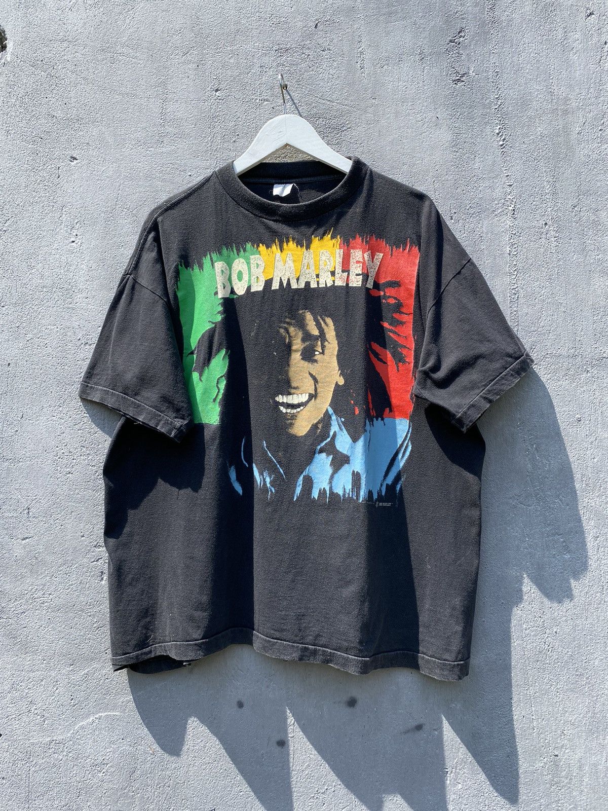 image of Band Tees x Bob Marley Very 1991 Bob Marley Smiling T Shirt Single Stitch in Washed Black (Size Lar