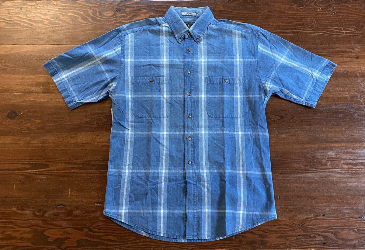 Vintage Vintage 90’s Apparel Workshop Plaid Faded Denim Button Up Size US M / EU 48-50 / 2 - 1 Thumbnail