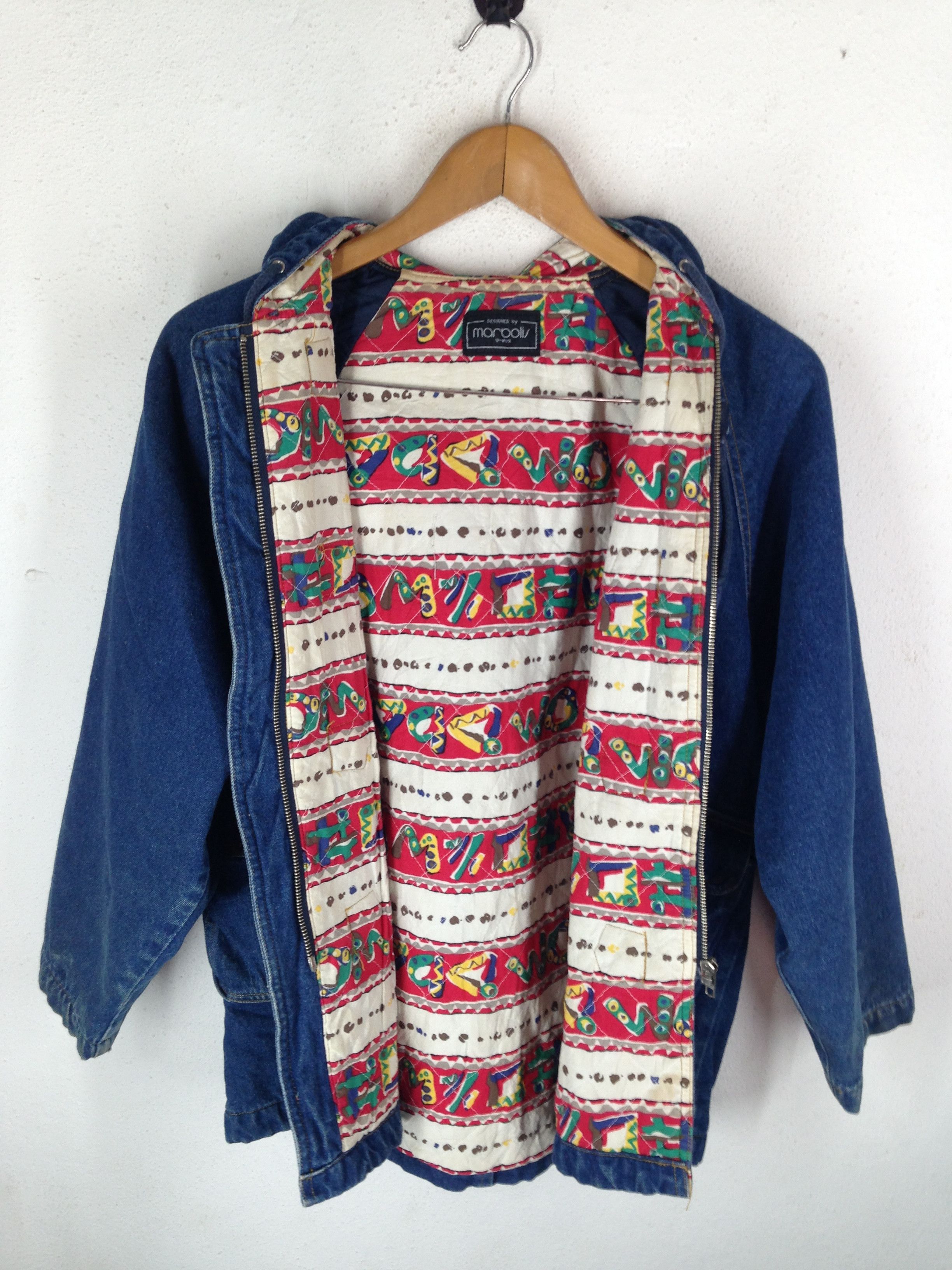 Designer × Handmade Vtg Marbolis Denim Toggle Jacket with Colorful Inner Lining Size US M / EU 48-50 / 2 - 7 Thumbnail