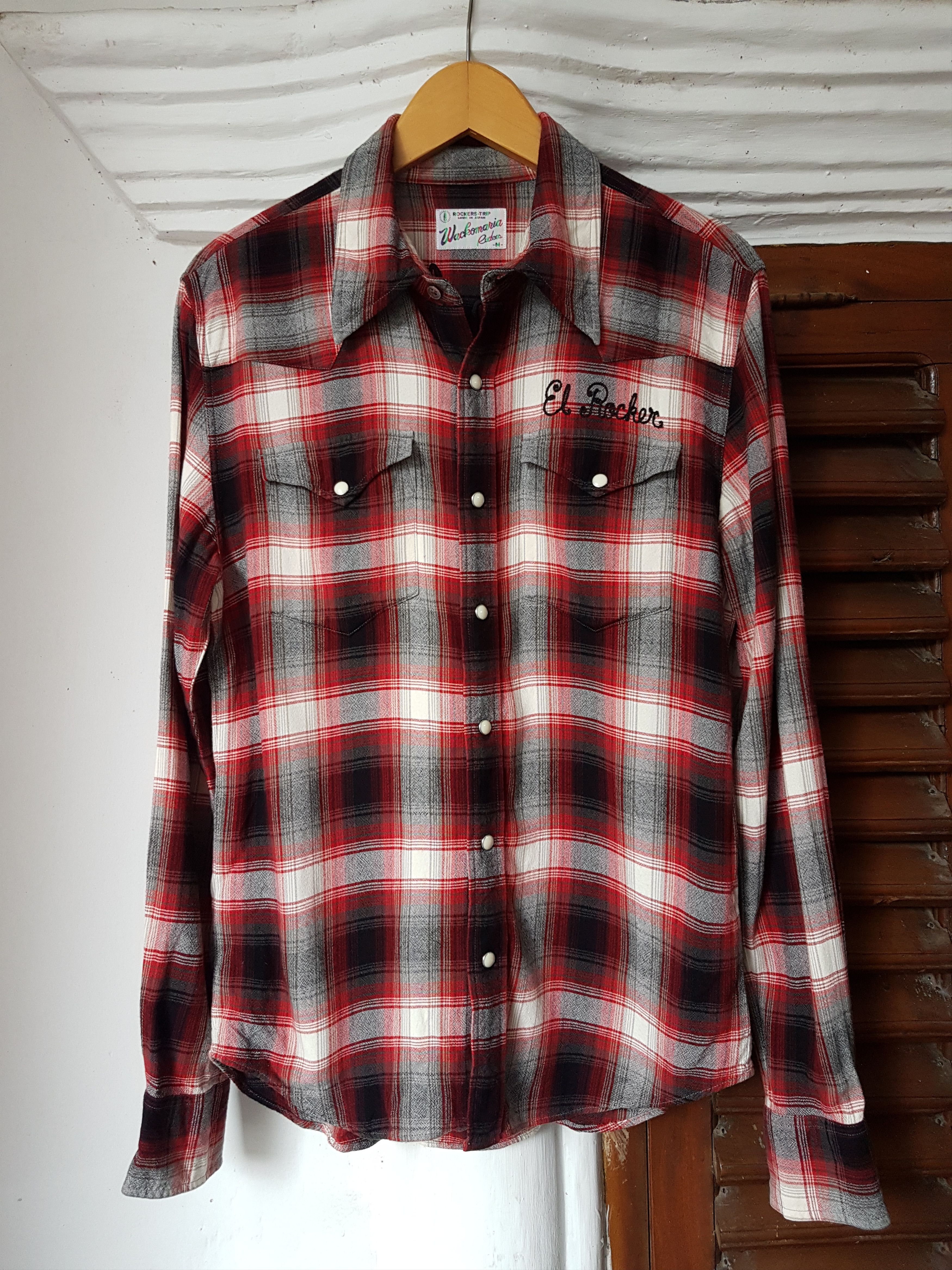 image of Guilty Parties x Rockability Fit S To M, Wacko Maria Shadow Plaid Rayon Shirt in Plaid Red (Size Me