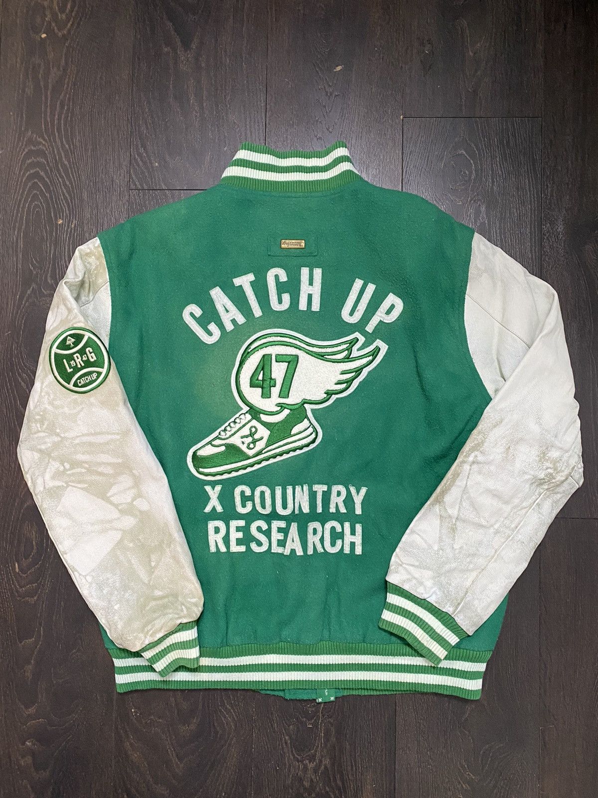image of Y2K Lrg Button Up Letterman Varsity Leather Jacket in Green/White, Men's (Size Large)