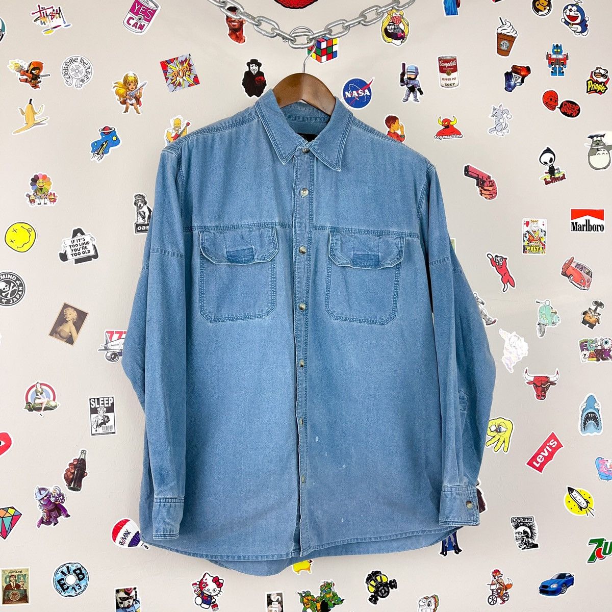 Vintage Vintage 90s Workwear Chore Shirt w/ Velcro Pockets Size US L / EU 52-54 / 3 - 1 Thumbnail