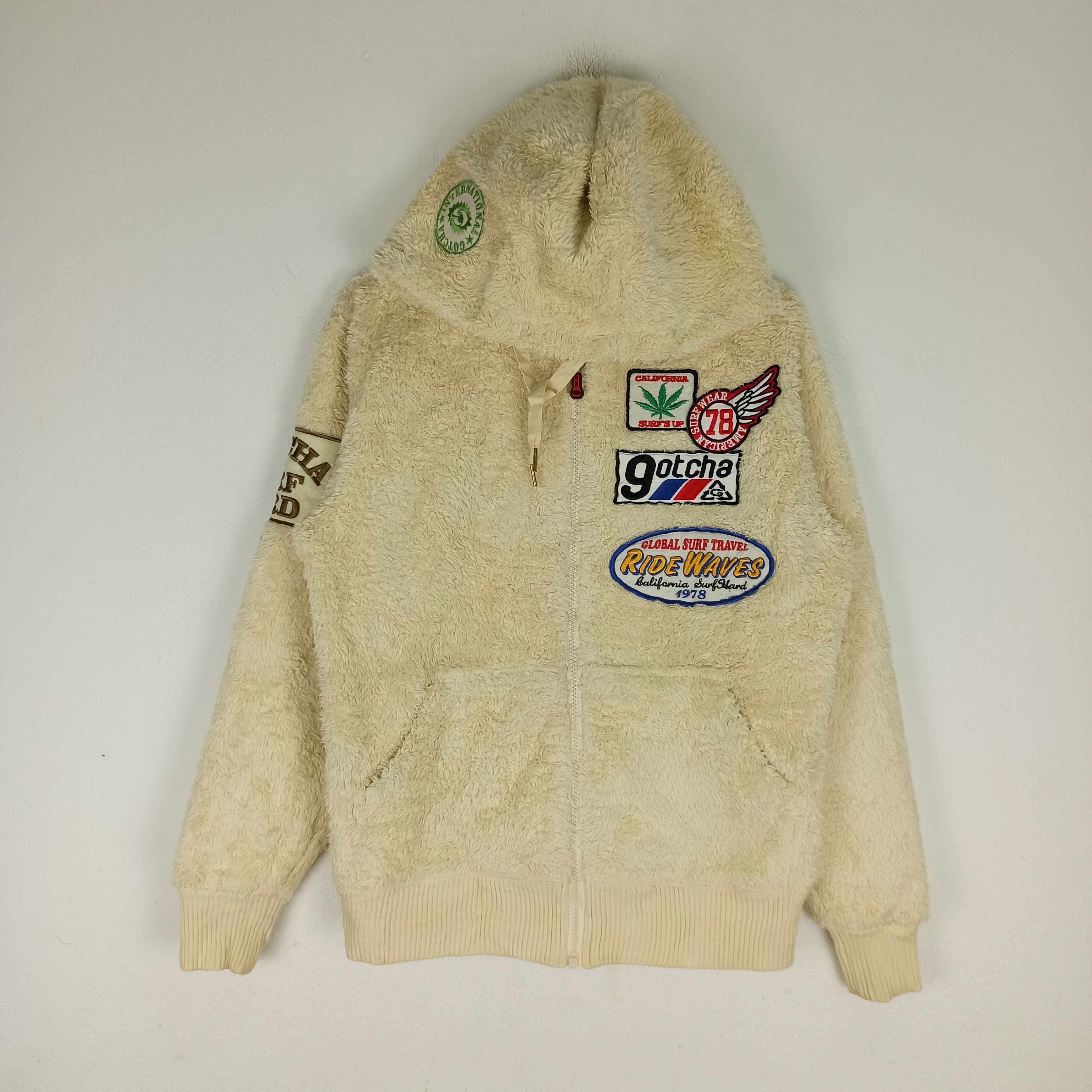image of VTG Gotcha Hoodie Sherpa Mink Fur Patches in Cream, Men's (Size Small)