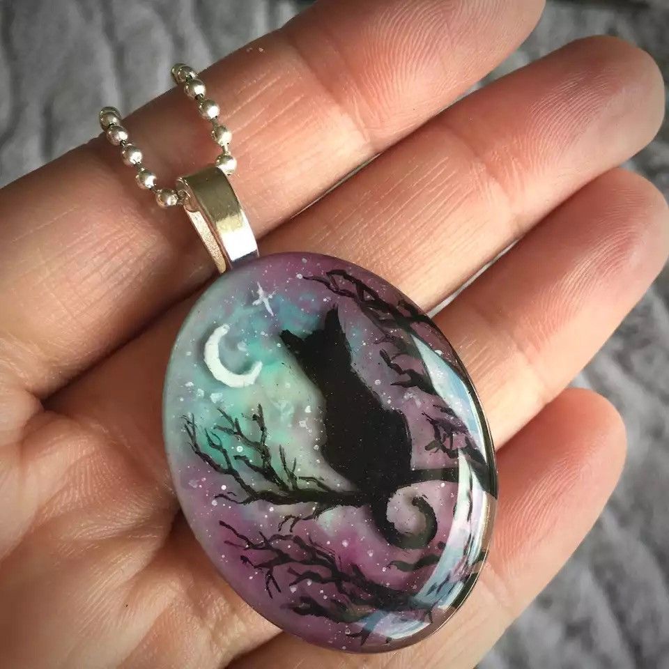 Handmade × Jewelry Starry Night Cat Pendant Unique Hand Painted Resin Necklace Size ONE SIZE - 3 Thumbnail