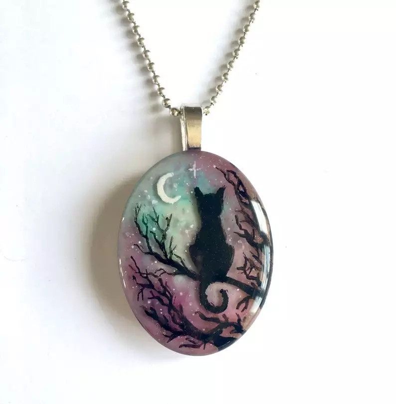 Handmade × Jewelry Starry Night Cat Pendant Unique Hand Painted Resin Necklace Size ONE SIZE - 2 Thumbnail