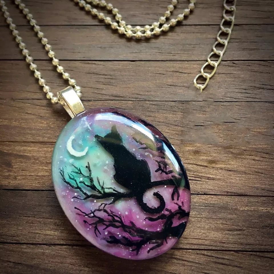 Handmade × Jewelry Starry Night Cat Pendant Unique Hand Painted Resin Necklace Size ONE SIZE - 1 Thumbnail
