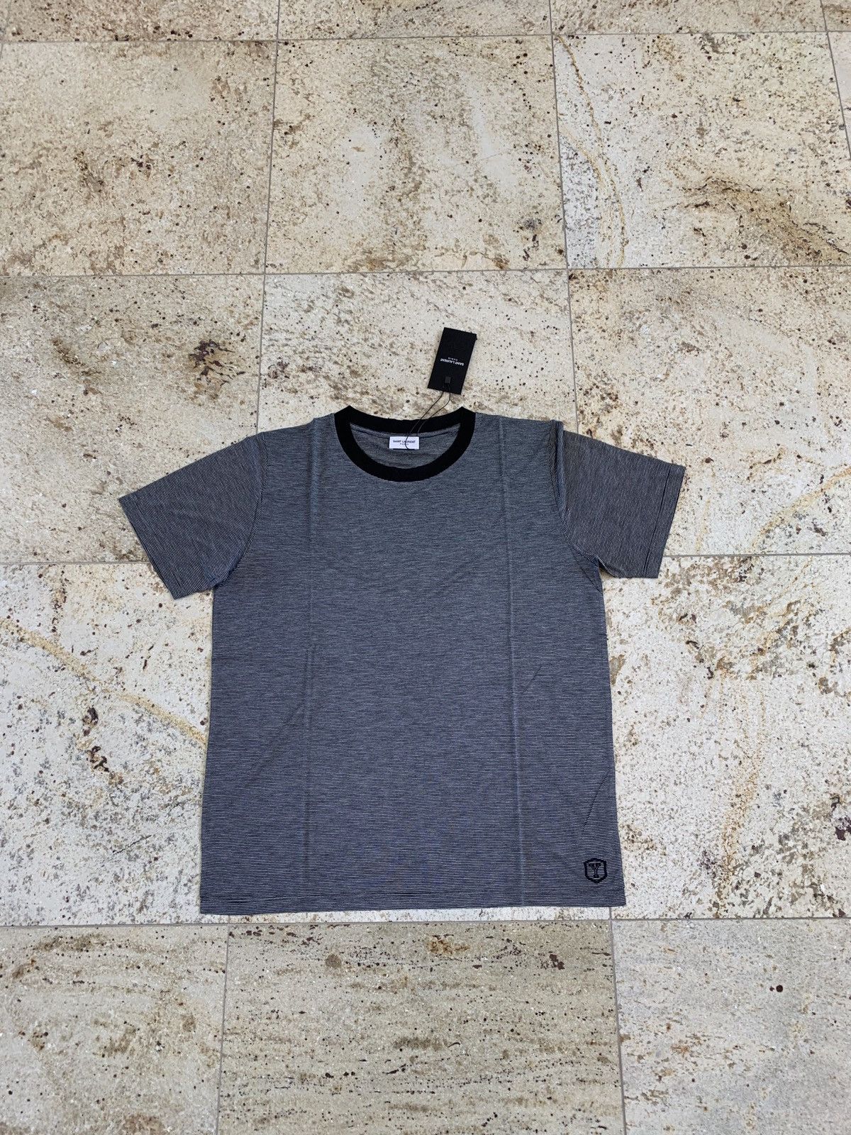 image of Saint Laurent Paris Navy & Grey Stripe Tee, Ss With YSL Pocket Embroidery in Navy/Grey (Size Small)