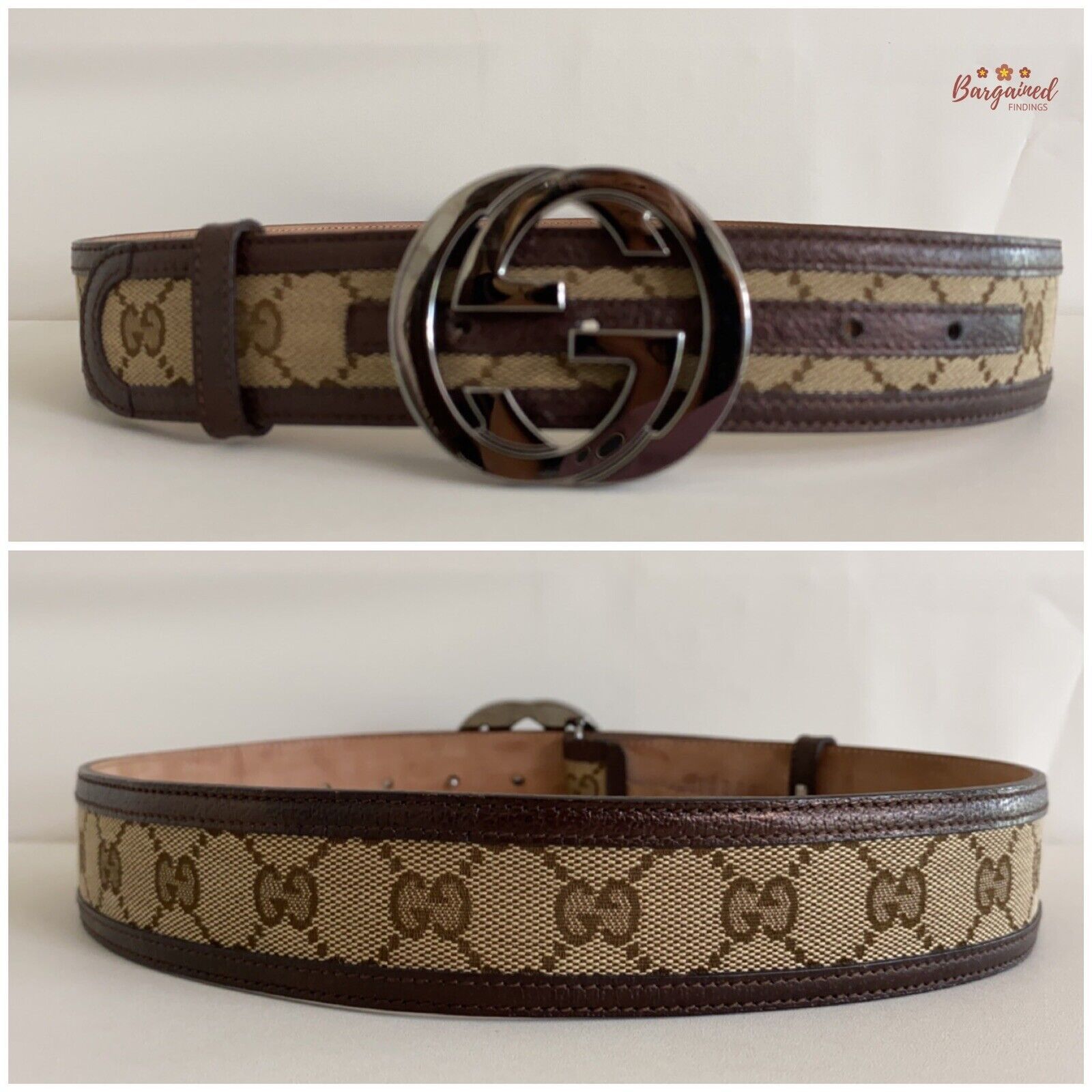 Gucci GUCCI Brown Monogram Canvas Silver Interlocking Buckle Belt Size ONE SIZE - 4 Thumbnail