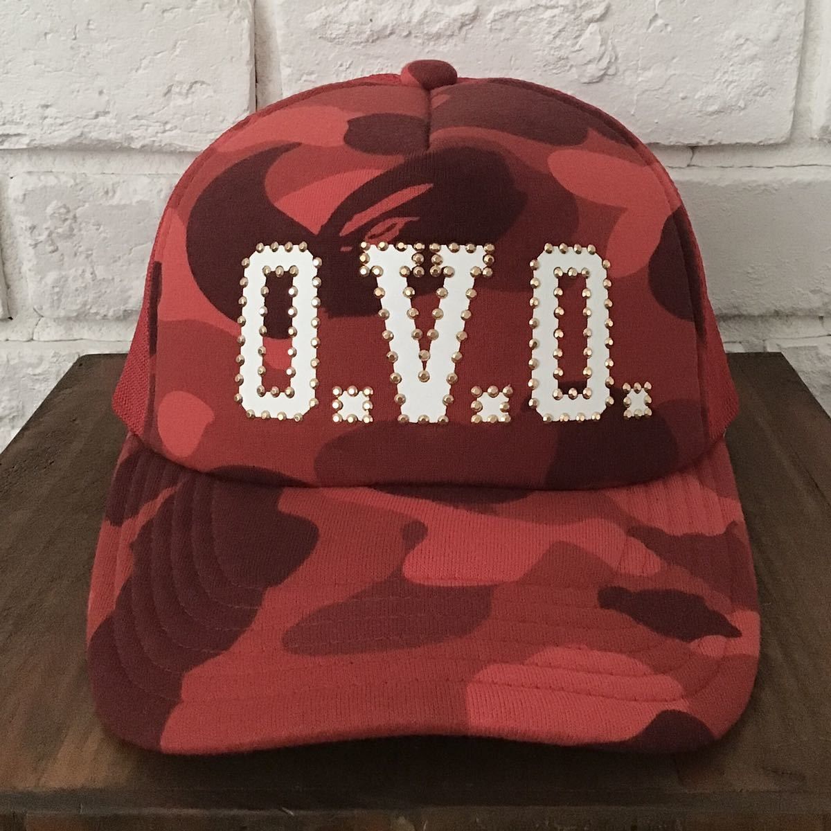 image of Bape × Ovo Red Camo Trucker Hat Cap, Men's