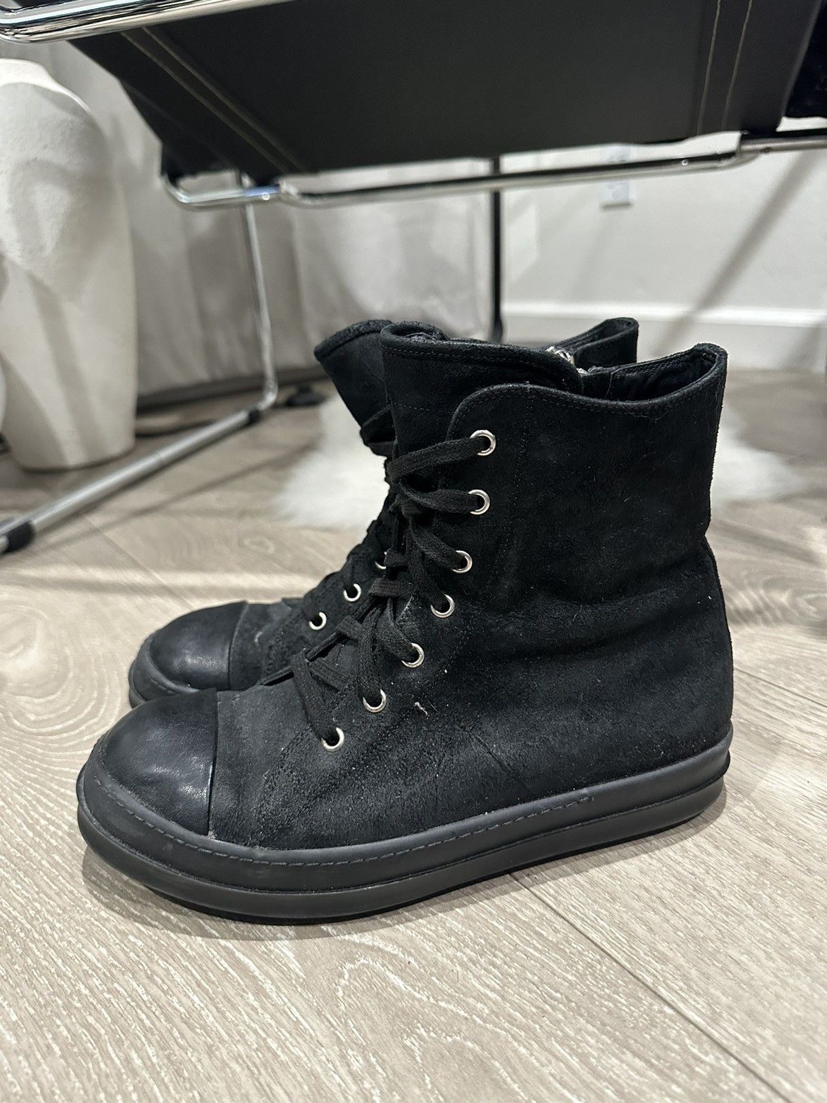 image of Rick Owens Mainline Blistered Leather Ramone Hightop Sneakers 40 in Black, Men's (Size 8)