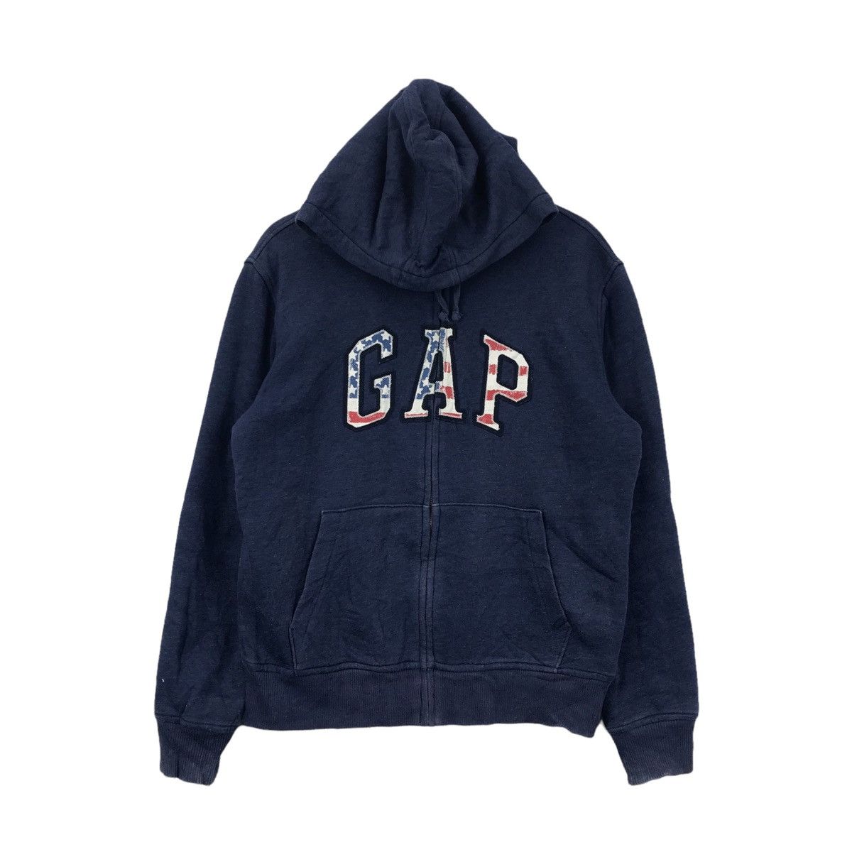 Vtg GAP USA Flag Center Logo Zipper Blue Fleece Hoodie