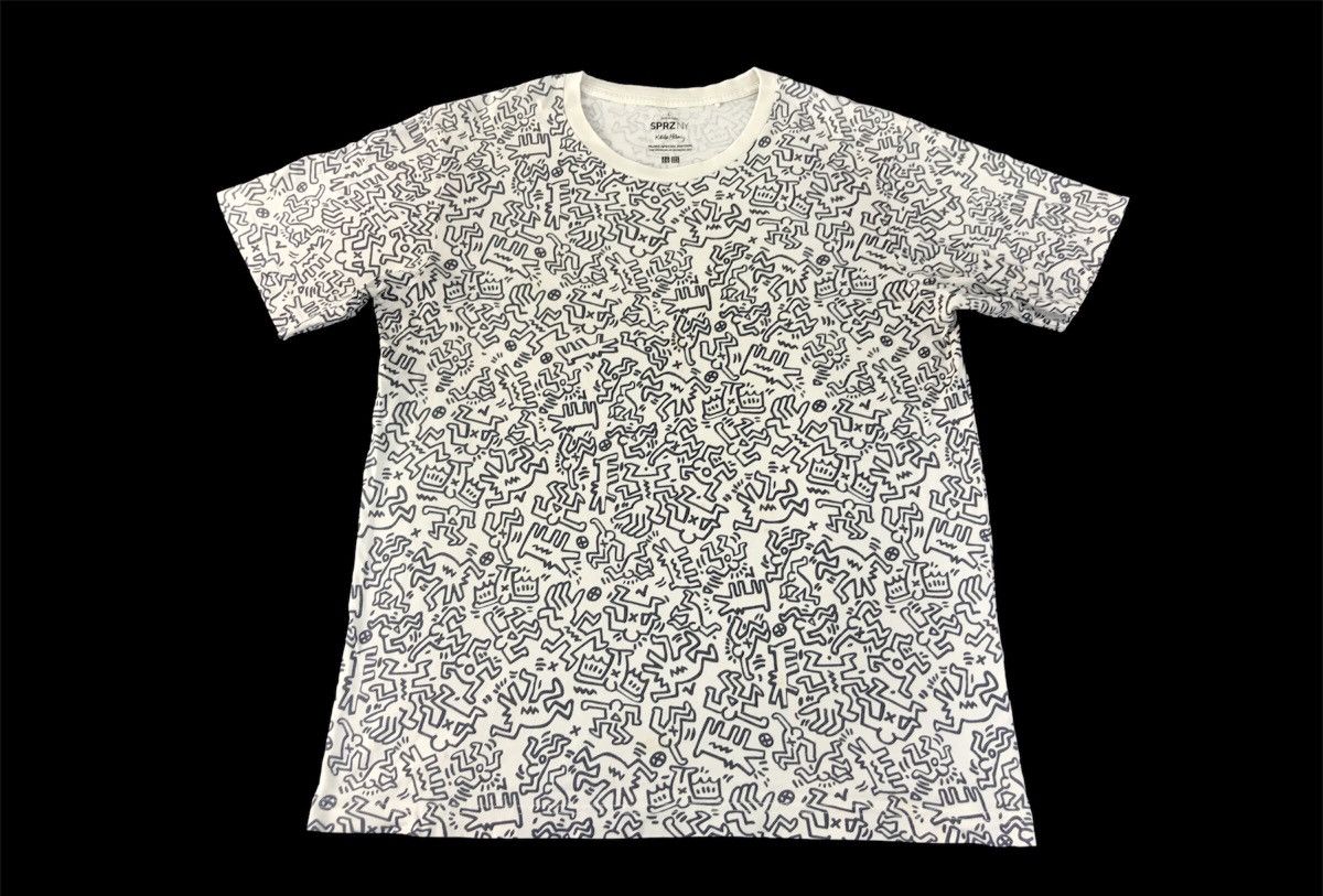image of Keith Haring Barking Dog Over Printed Popart Doodle Tee in White, Men's (Size Medium)