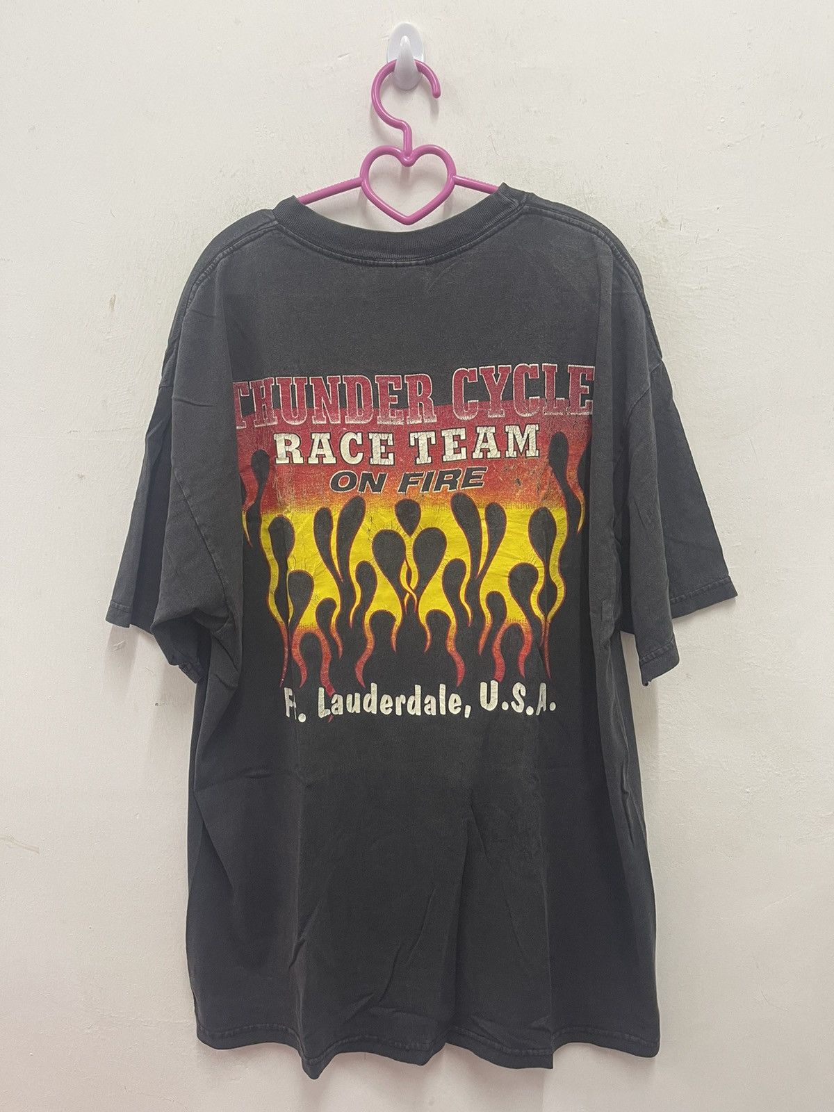 image of Harley Davidson x Racing Vintage Thunder Cycle Race Team On Fire Flame Tee in Black, Men's (Size XL