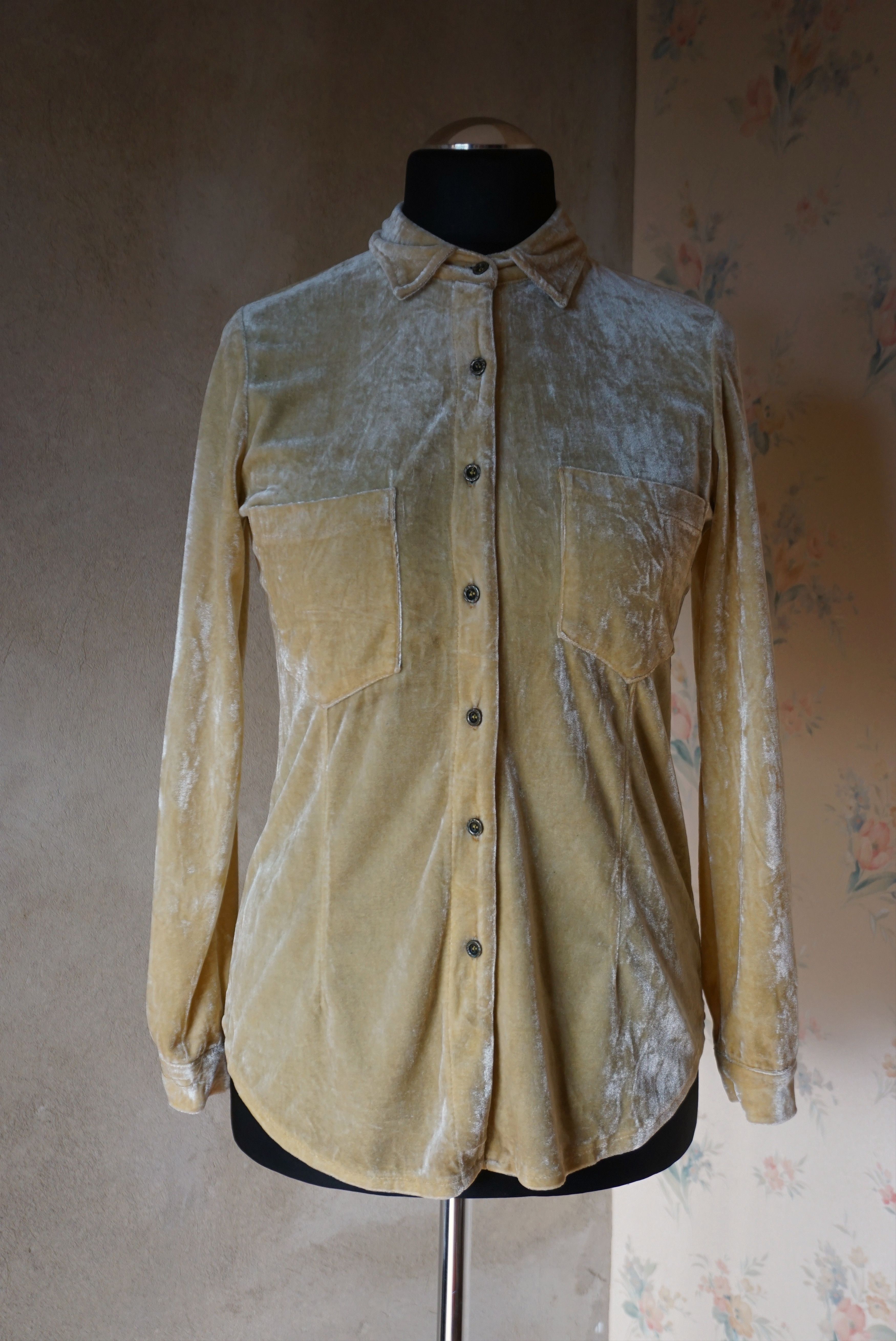 Velvet True vintage 80's 90s M yellow silky velour blouse shirt Size M / US 6-8 / IT 42-44 - 14 Thumbnail