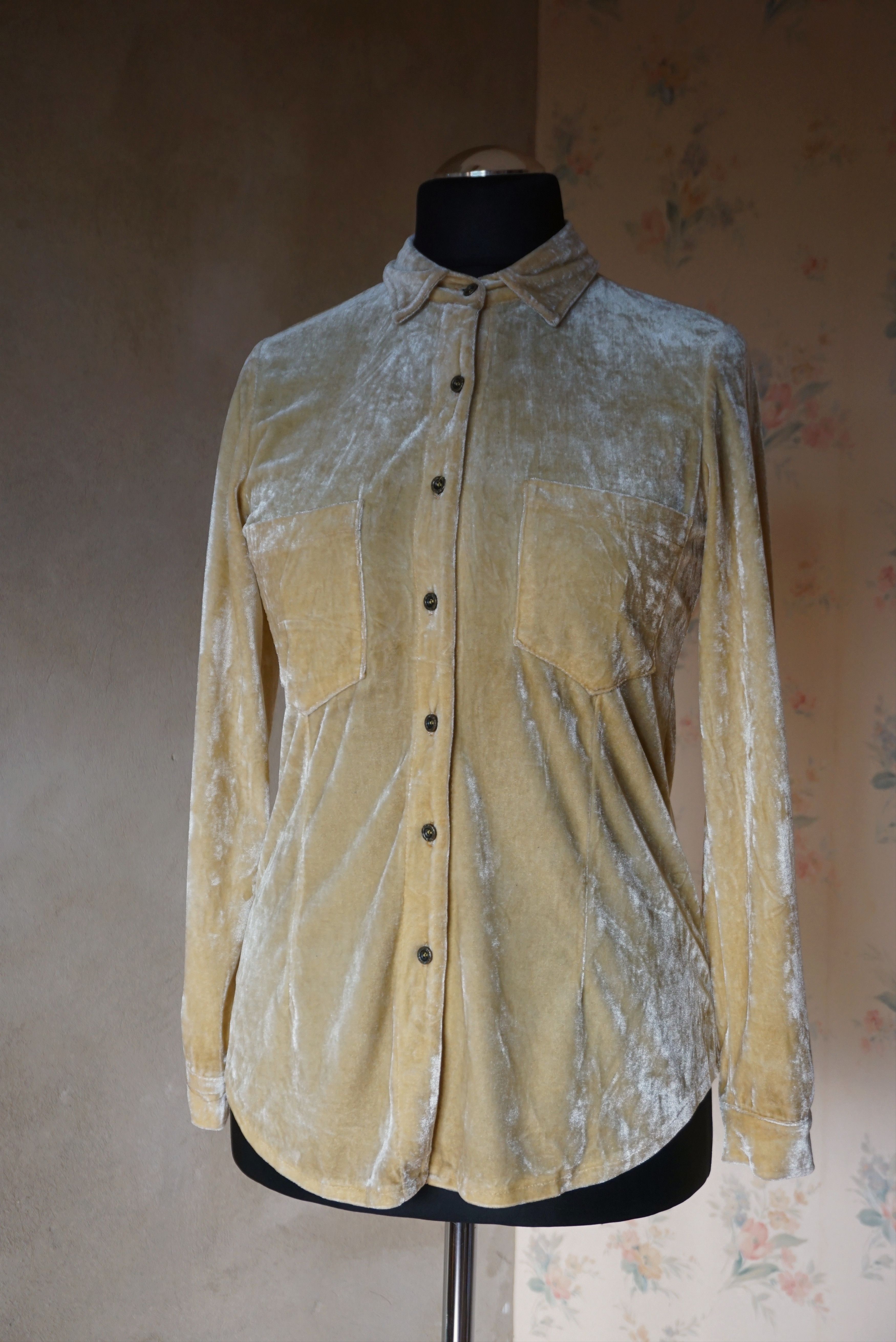 Velvet True vintage 80's 90s M yellow silky velour blouse shirt Size M / US 6-8 / IT 42-44 - 25 Thumbnail
