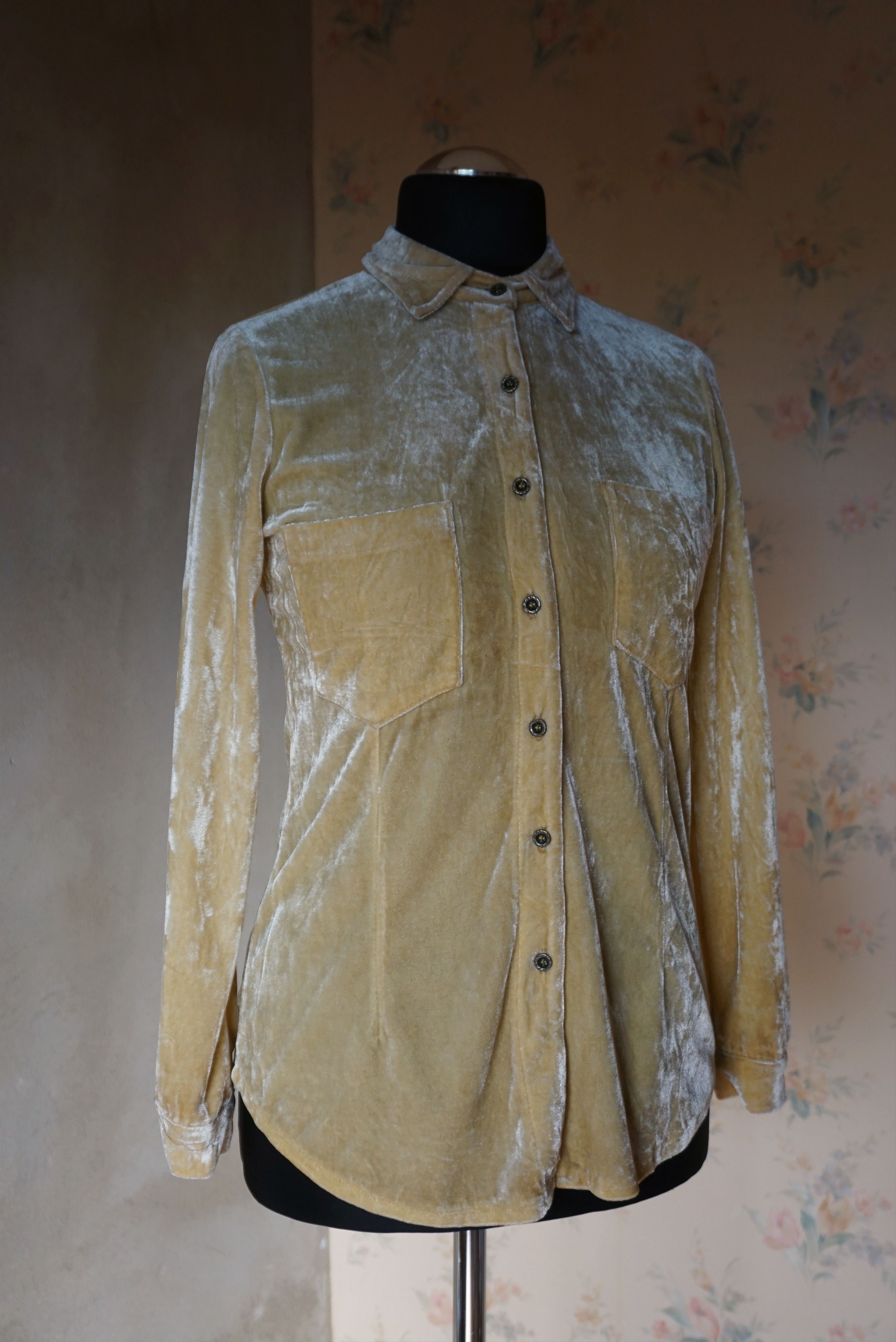Velvet True vintage 80's 90s M yellow silky velour blouse shirt Size M / US 6-8 / IT 42-44 - 5 Thumbnail