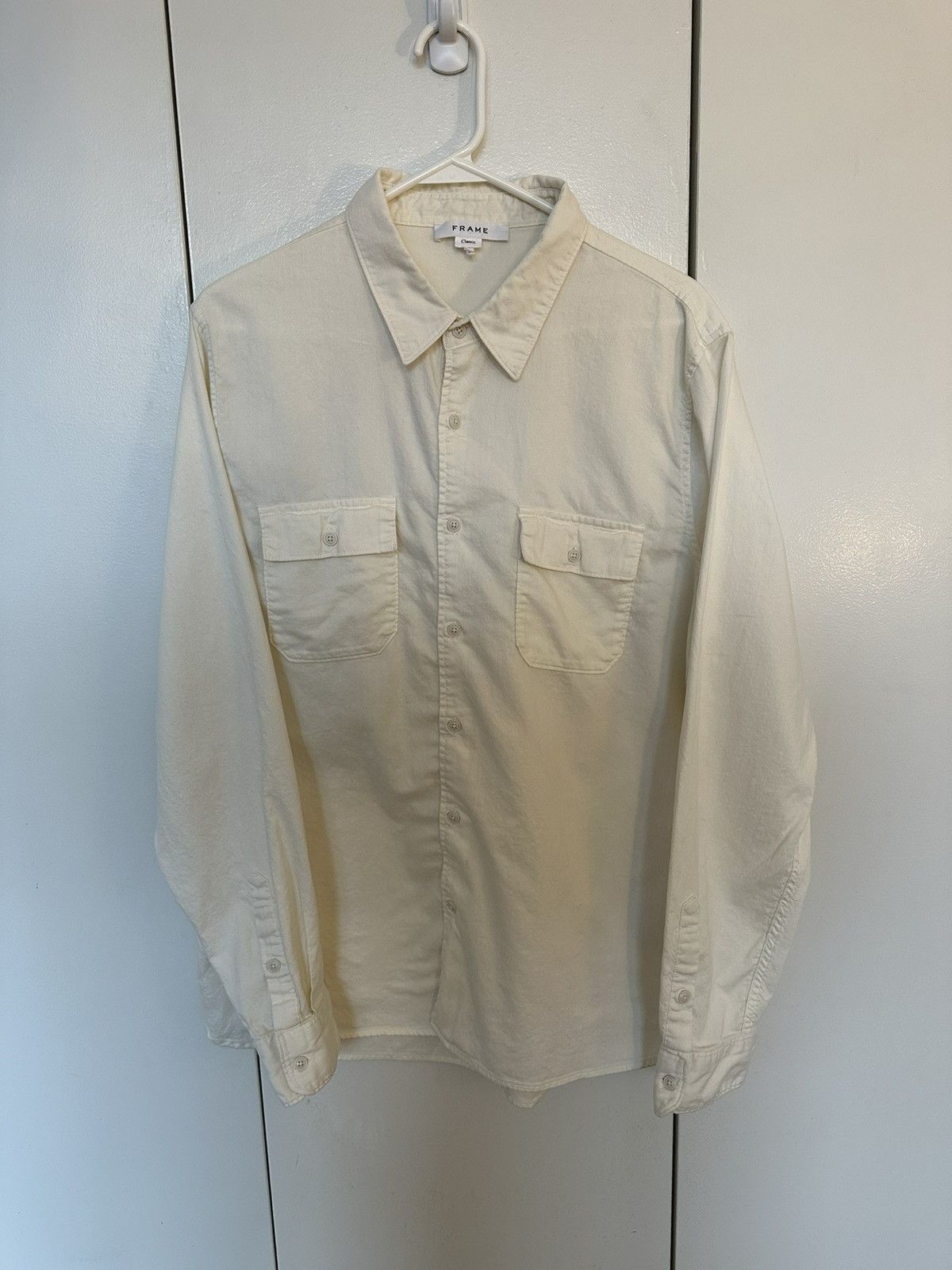image of Frame White Double Pocket Button-Up Shirt, Men's (Size Large)