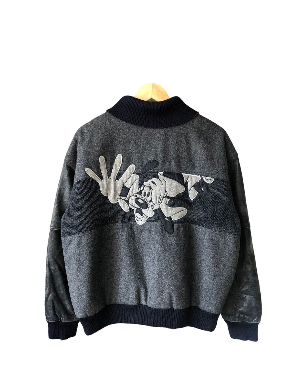 image of Disney x Varsity Jacket Vintage Nuova Via Pelle X Goofy Arm Leather Varsity Jackets in Grey (Size M
