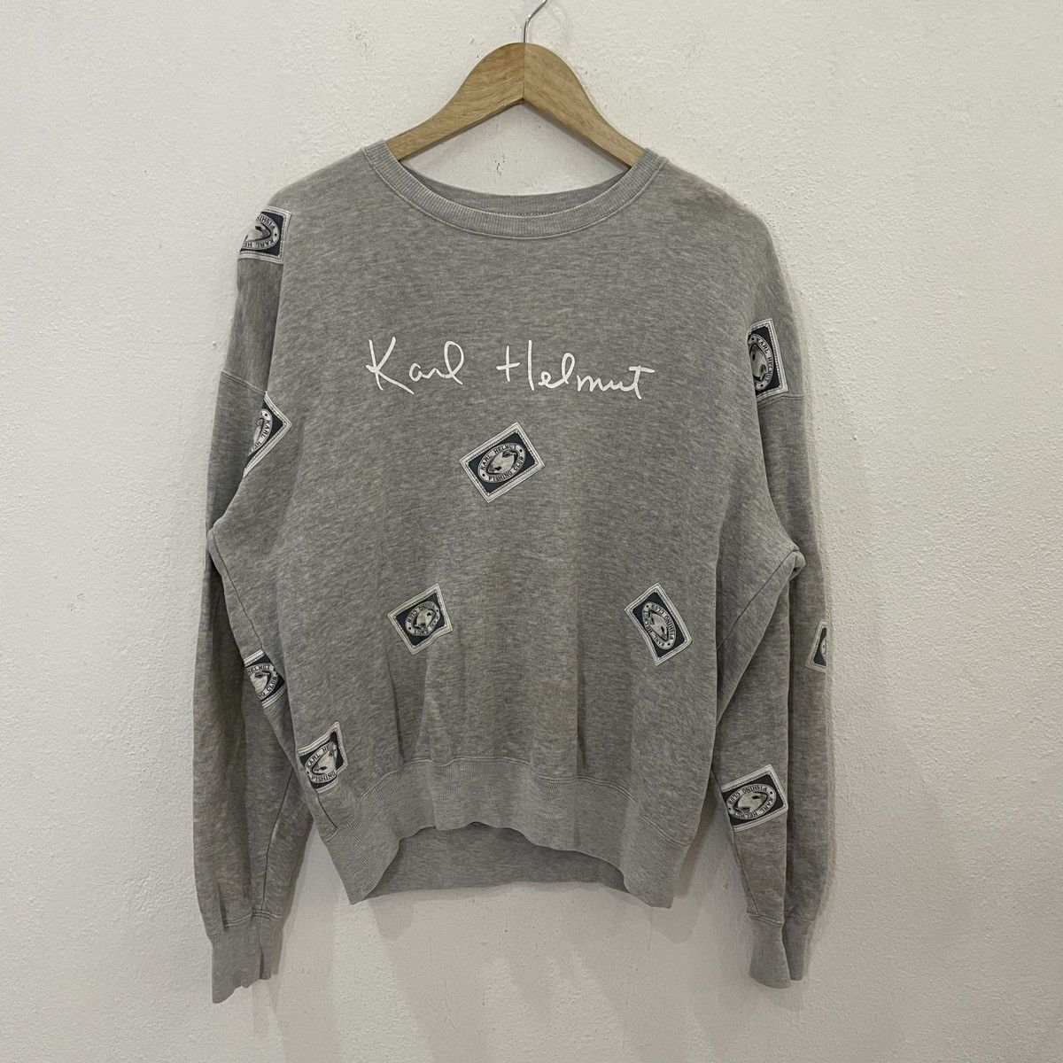 image of Vintage Karl Helmut Big Logo Sweatshirt in Grey, Men's (Size Large)