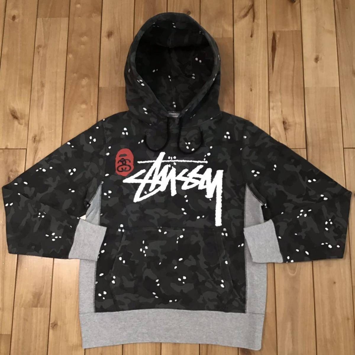 image of Bape × Stussy Desert Camo Pullover Hoodie in Black Gray, Men's (Size Small)