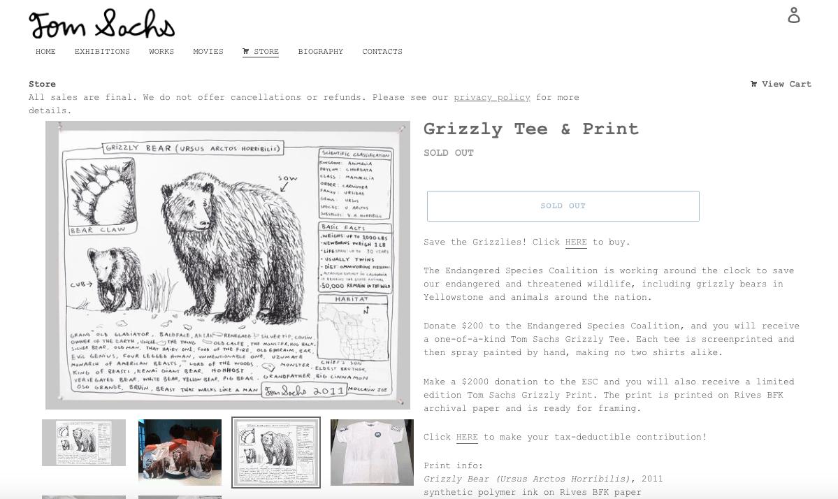 Tom Sachs Tom Sachs grizzly bear Endangered Species Coalition shirt Size US XS / EU 42 / 0 - 5 Thumbnail