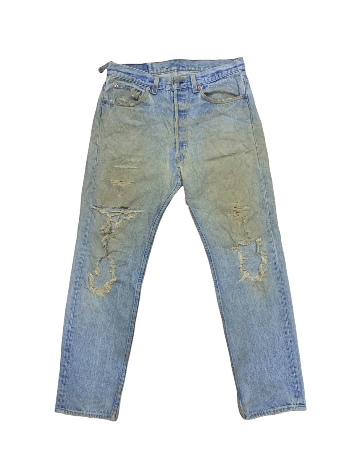 image of Vintage 80's Levis Buttonfly Blue Mud Wash Distress Jeans in Blue Wash, Men's (Size 34)