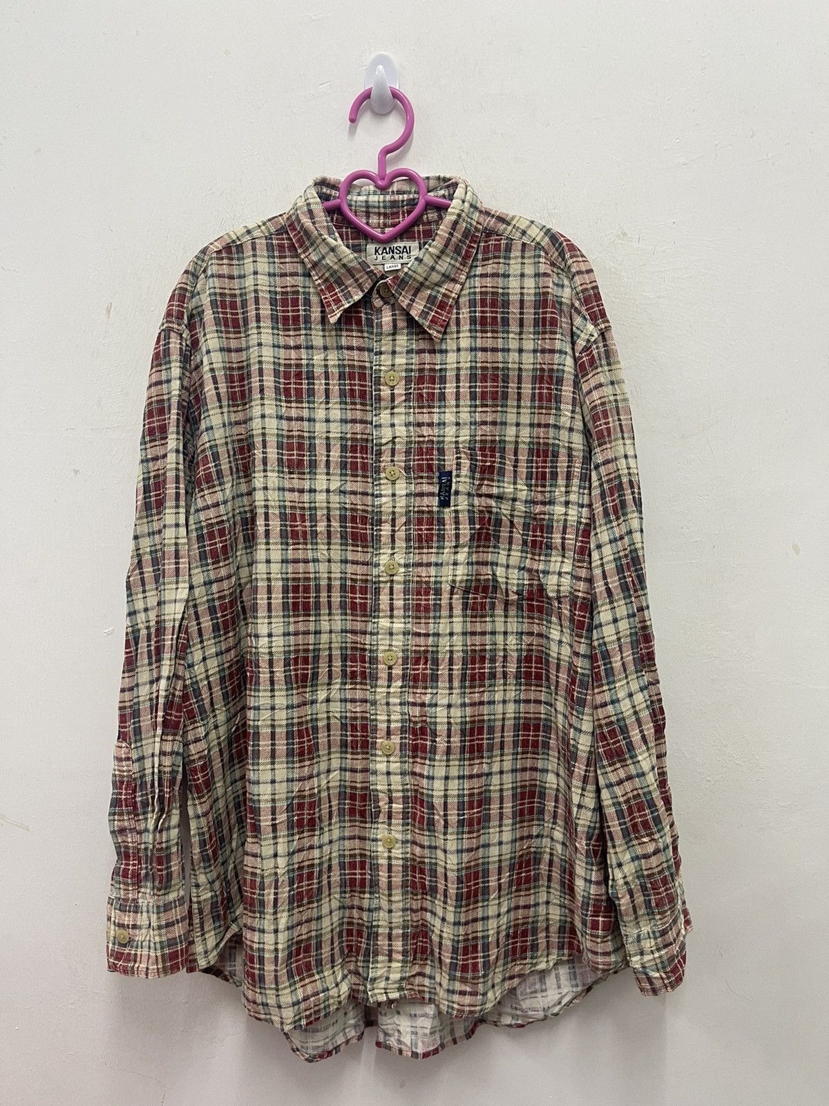 image of Vintage Kansai Jeans Yamamoto Japan Flannel in Plaid Red, Men's (Size Large)