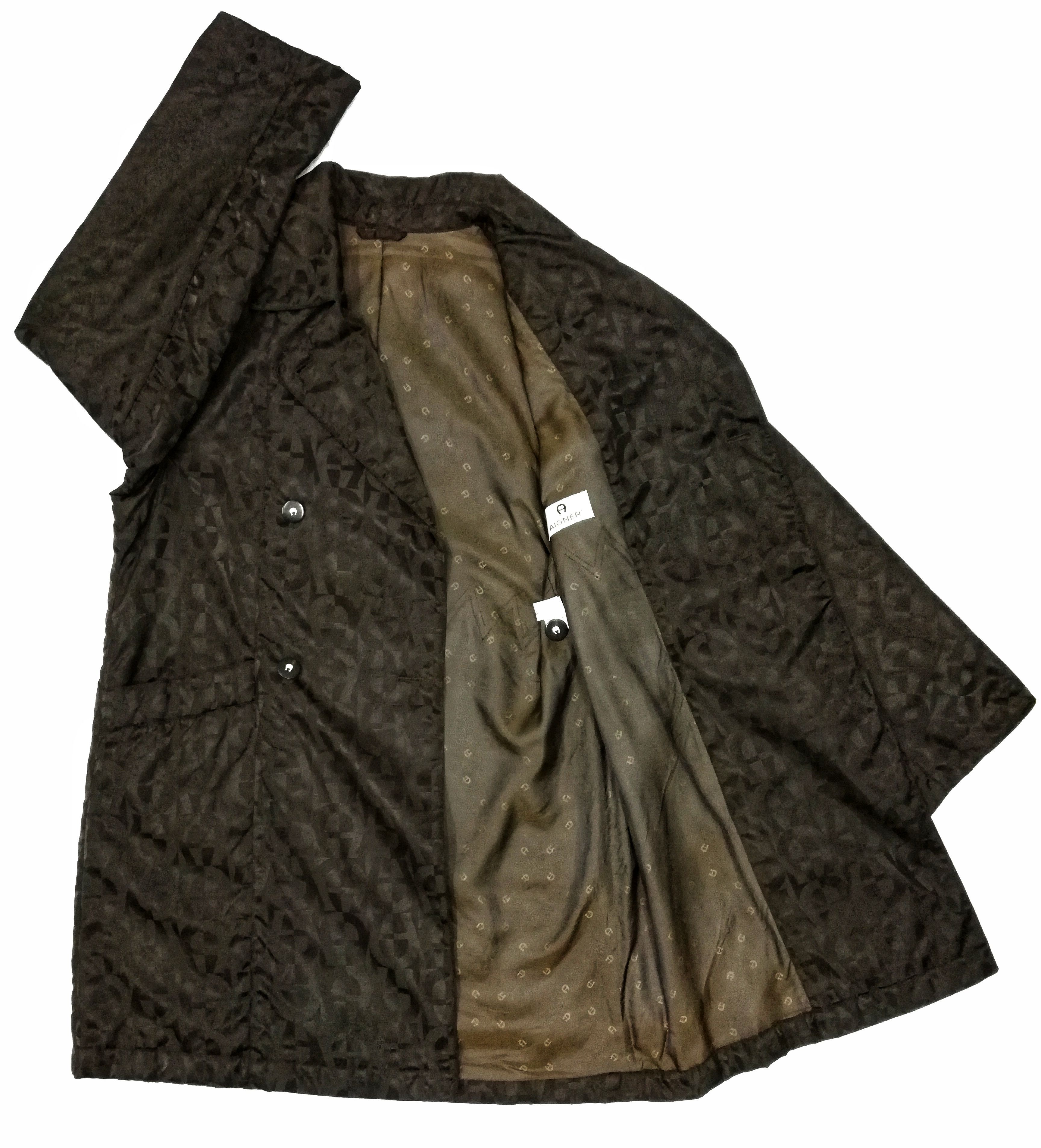 image of Aigner Double Breasted Monogram Long Coat Made In Italy in Cafe Brown, Men's (Size Small)