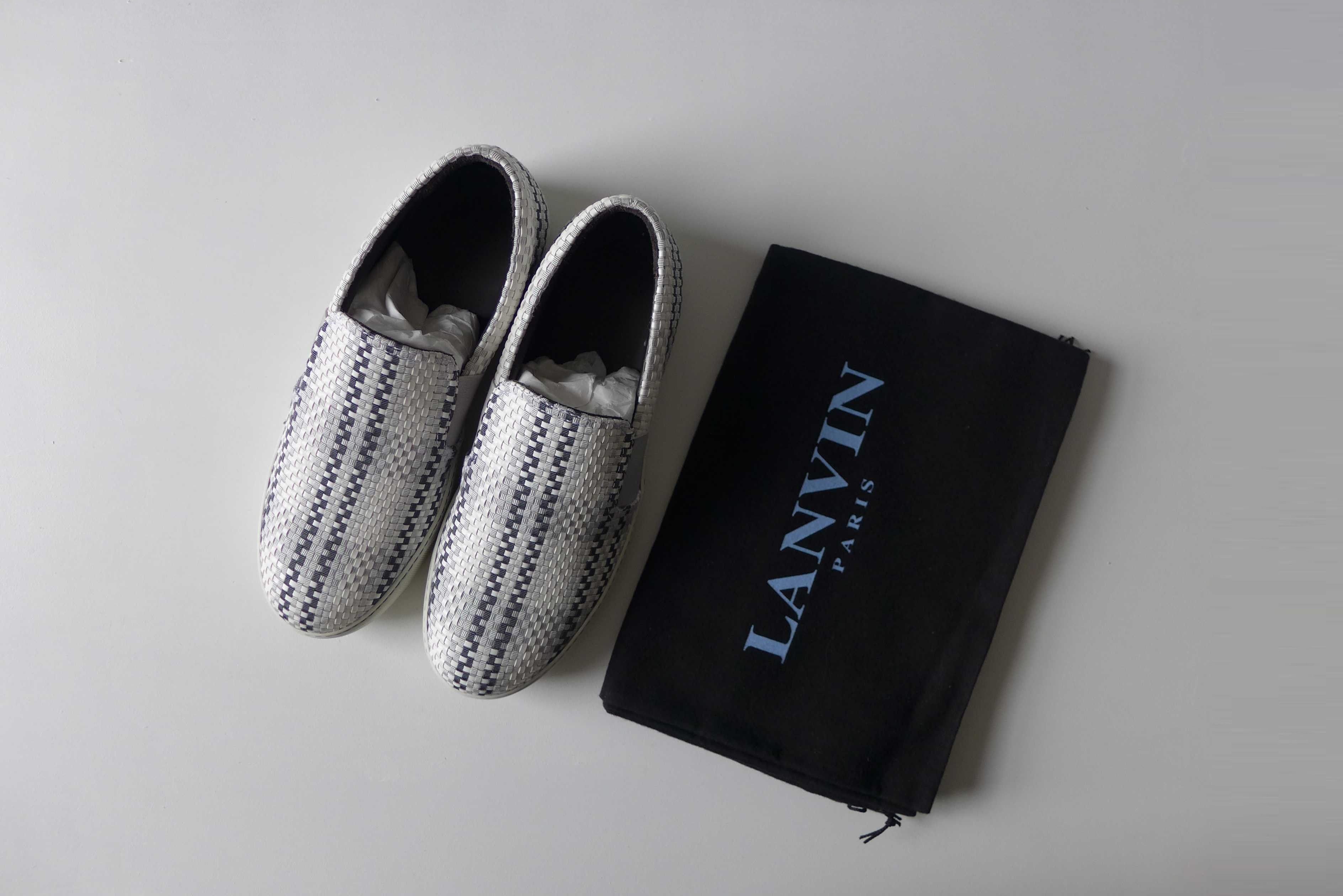 image of Lanvin Slip-On Sneakers - Woven Faux Leather & Grosgrain in Black White Grey, Men's (Size 9)