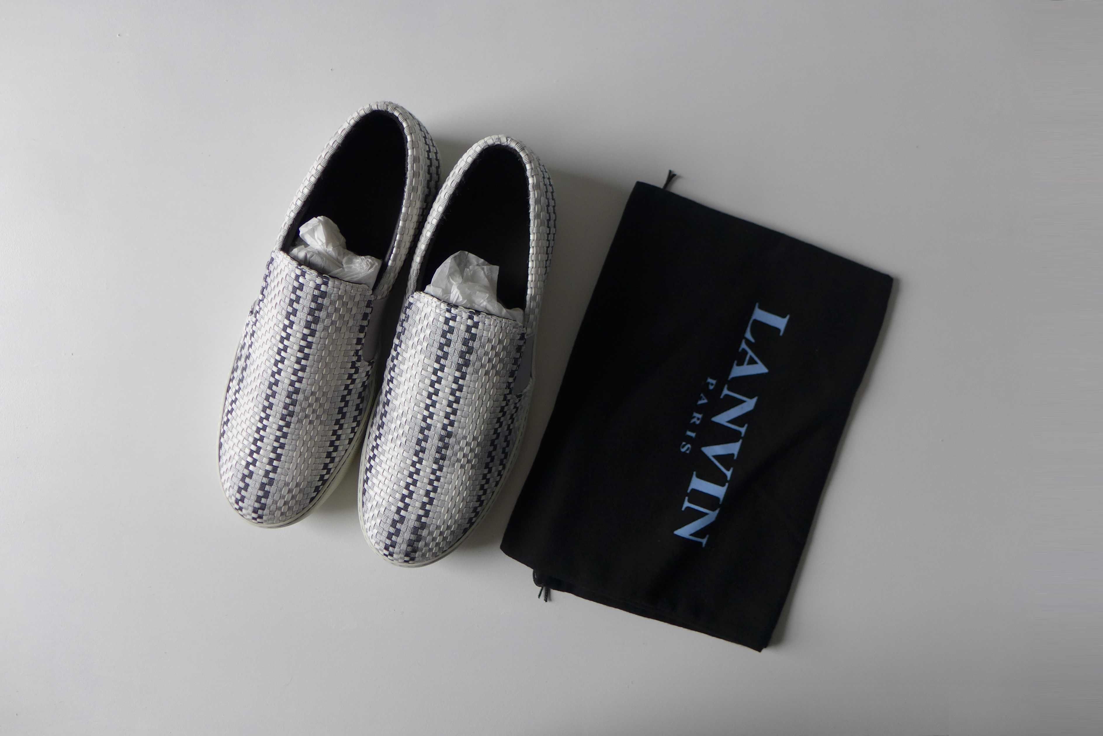 image of Lanvin Slip-On Sneakers - Woven Faux Leather & Grosgrain in Black White Grey, Men's (Size 10)