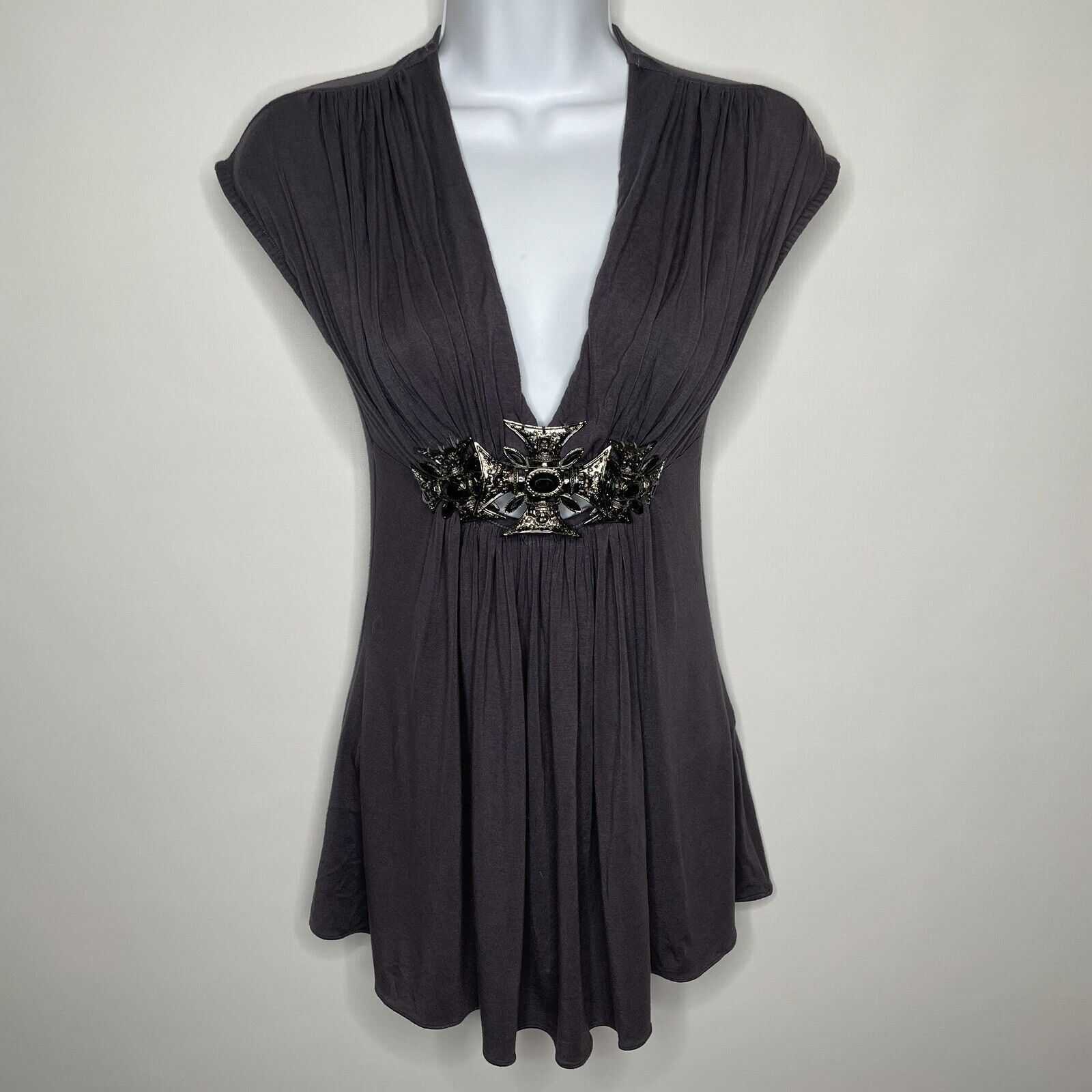 Vintage Y2K Sky Gray Iron Cross Black Rhinestone Draped Jersey Top ...