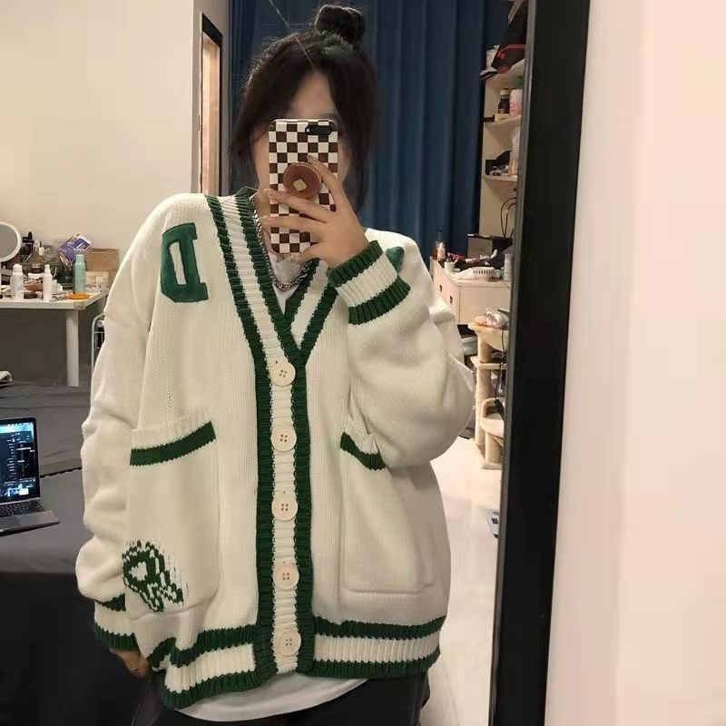 Vintage letter embroidery V-neck cardigan