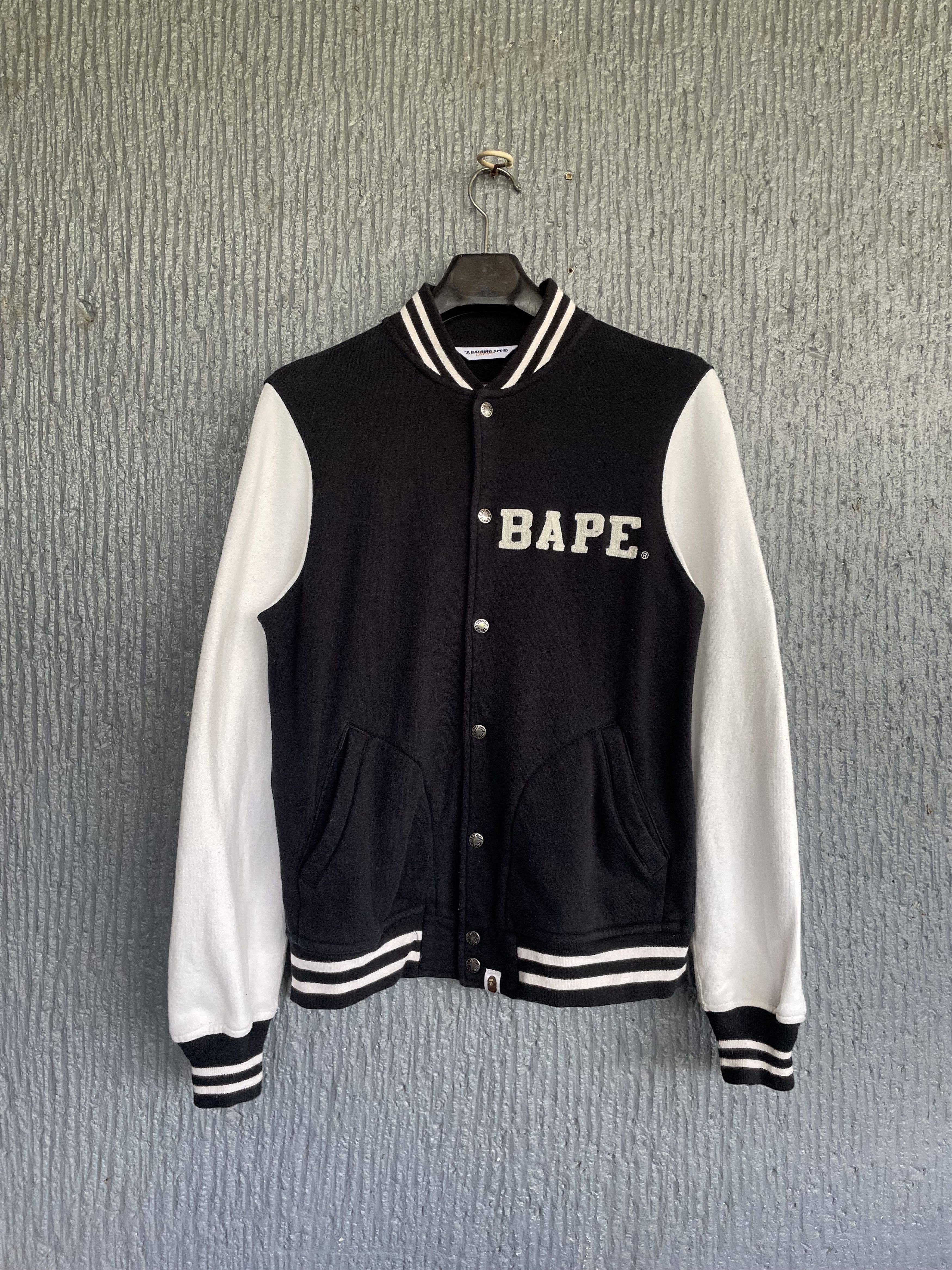image of Bape Classic Asnka Embroidery Varsity Jacket in Black White, Men's (Size Medium)