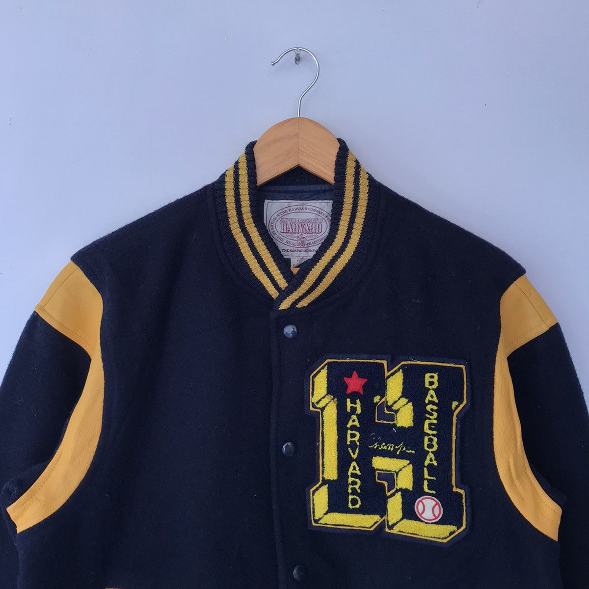 Vintage HARVARD BASEBALL VARSITY WOOL JACKET YELLOW LEATHER Size US L / EU 52-54 / 3 - 2 Thumbnail