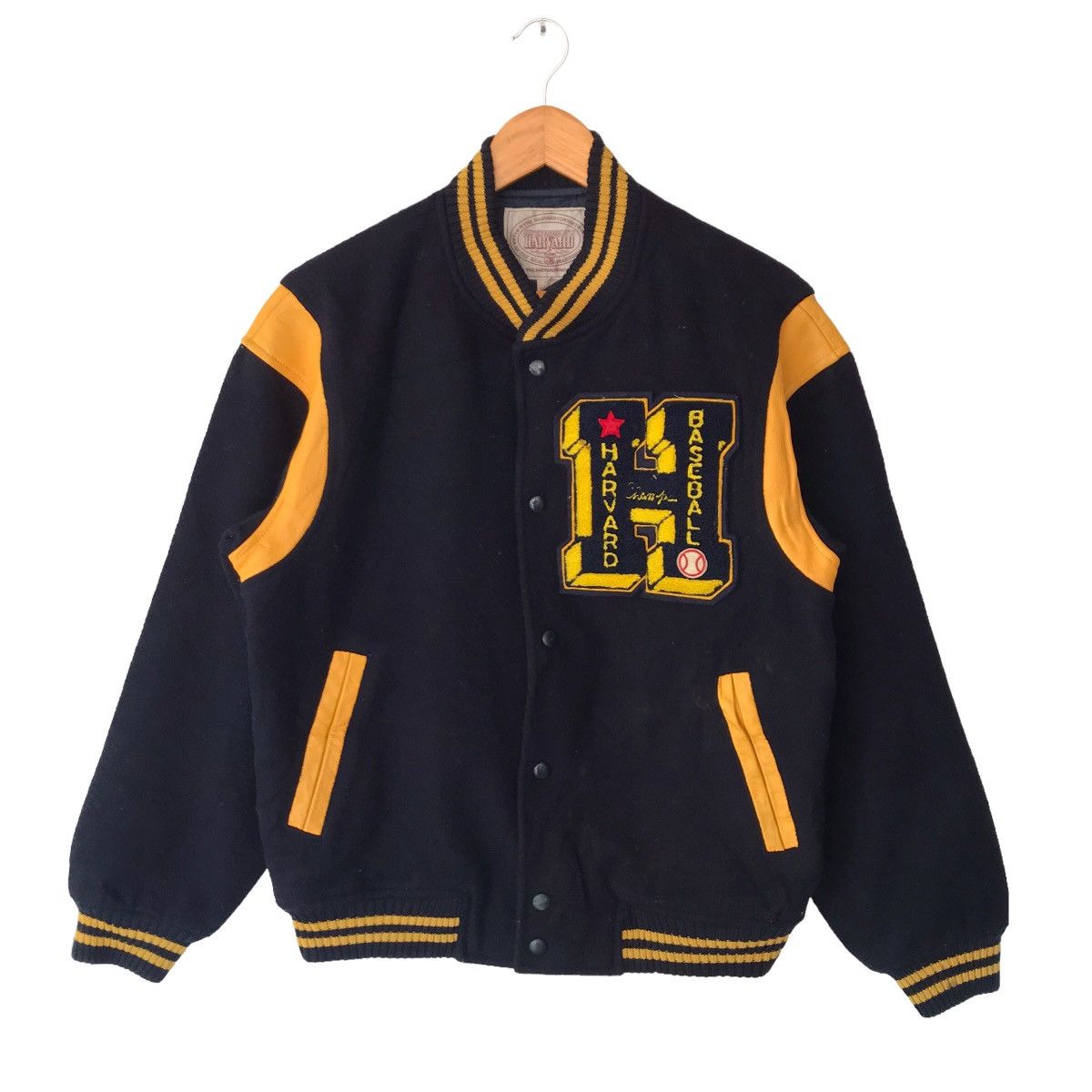 Vintage HARVARD BASEBALL VARSITY WOOL JACKET YELLOW LEATHER Size US L / EU 52-54 / 3 - 1 Thumbnail