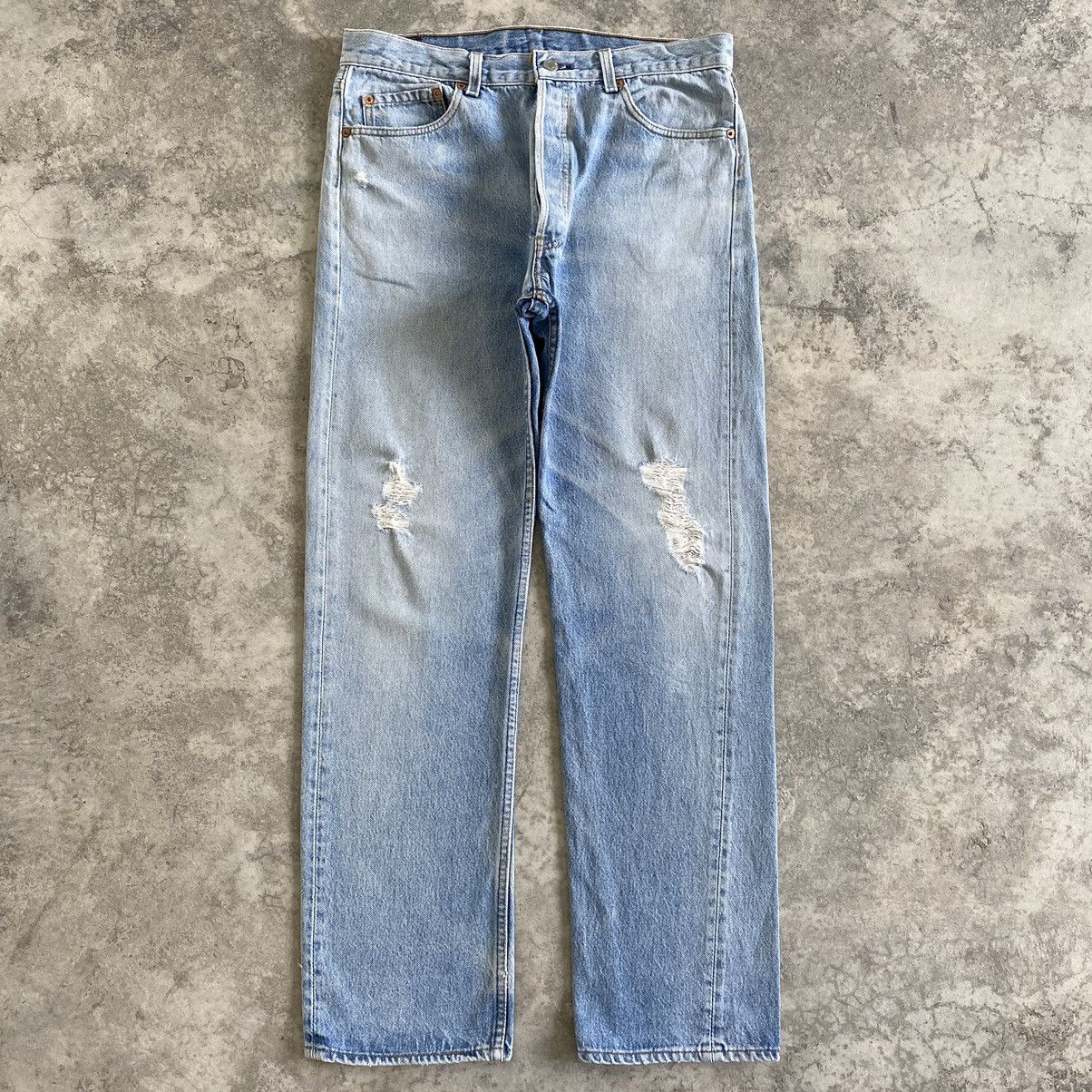 image of Size 34X31 Vintage Levis 501 Light Washed Distressed Denim in Light Blue Wash, Men's