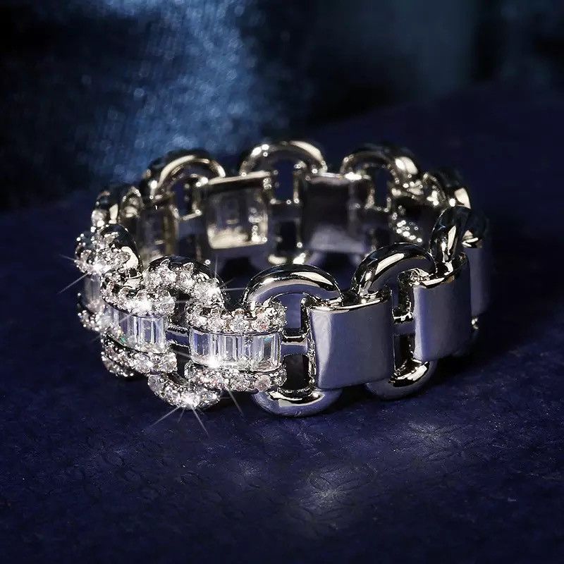 Jewelry Silver Color Bling Zircon Stone Chain Ring Size ONE SIZE - 3 Thumbnail