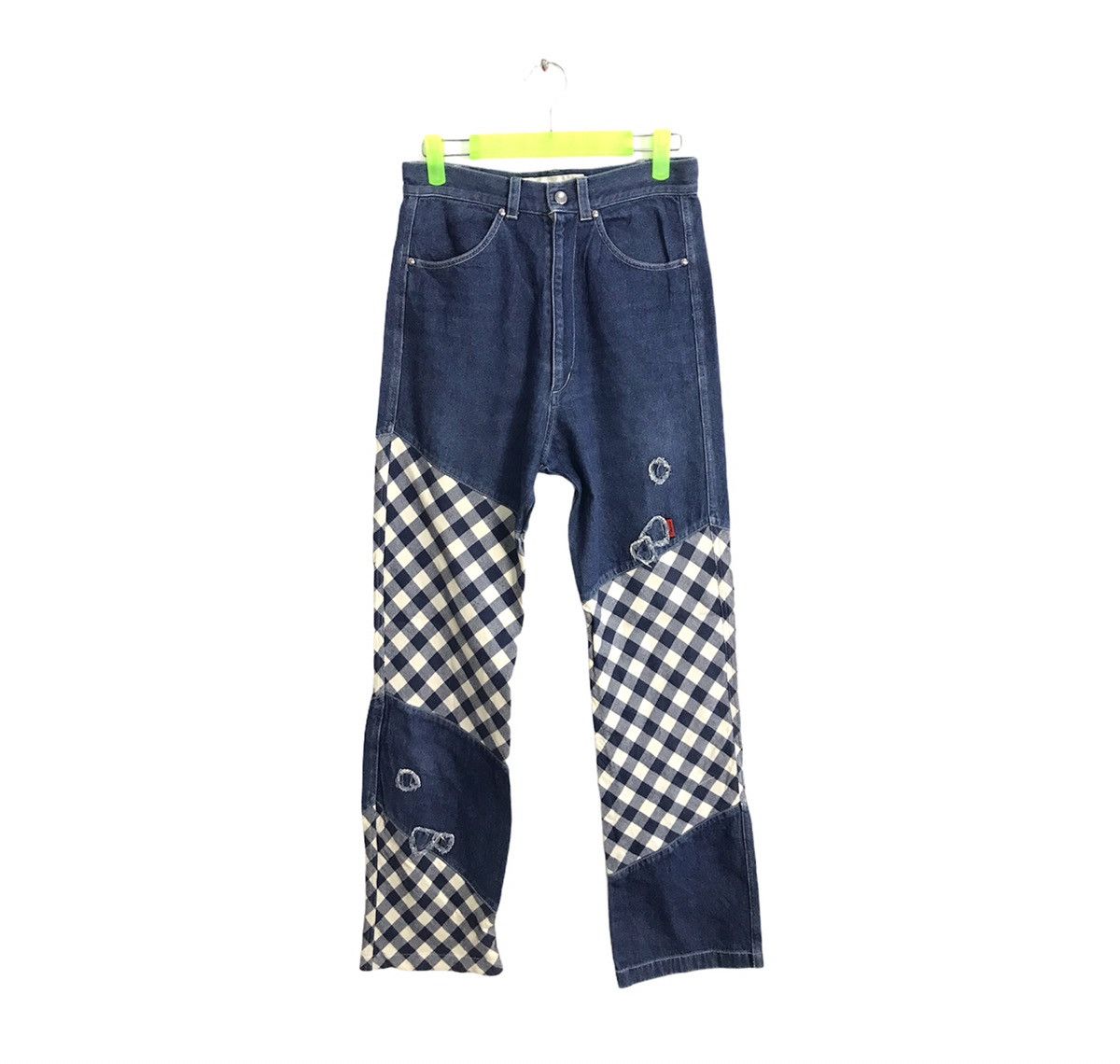 Japanese Brand Vintage Potechino Plaid Checked Patchwork Distressed Denim Size 26" / US 2 / IT 38 - 2 Thumbnail