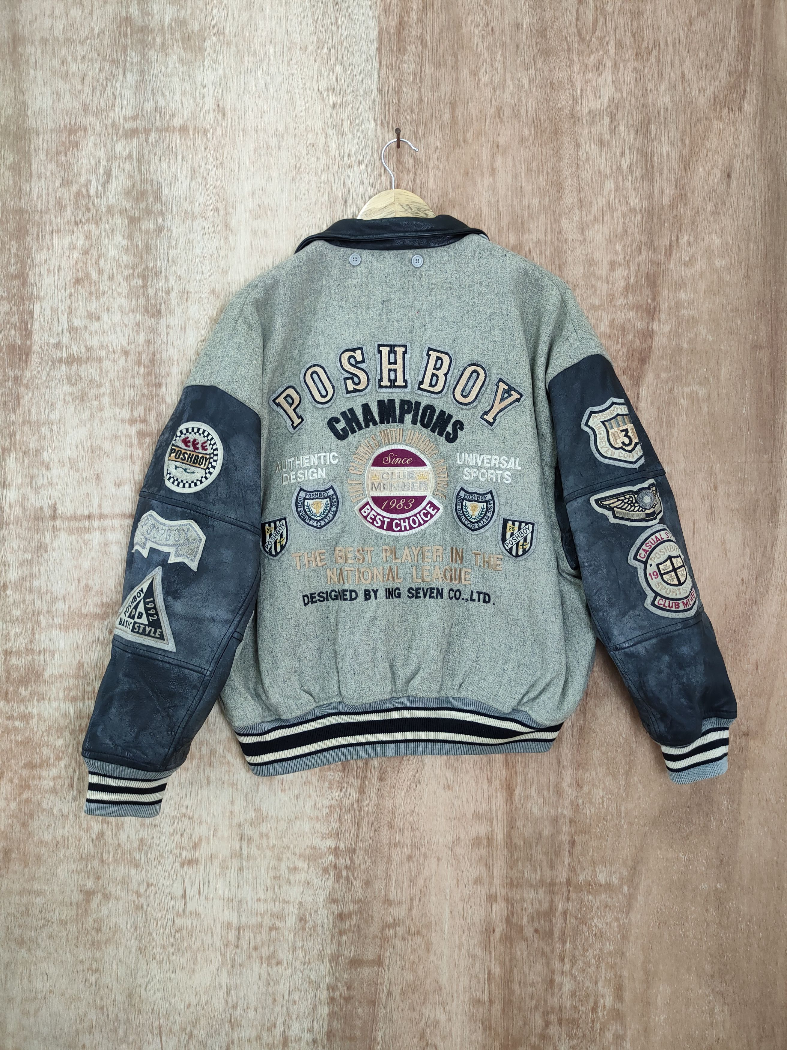 image of Leather Jacket x Varsity Posh Boy Champion Faded Wool Varsity Jacket 4094Dlal in Faded Green (Size 