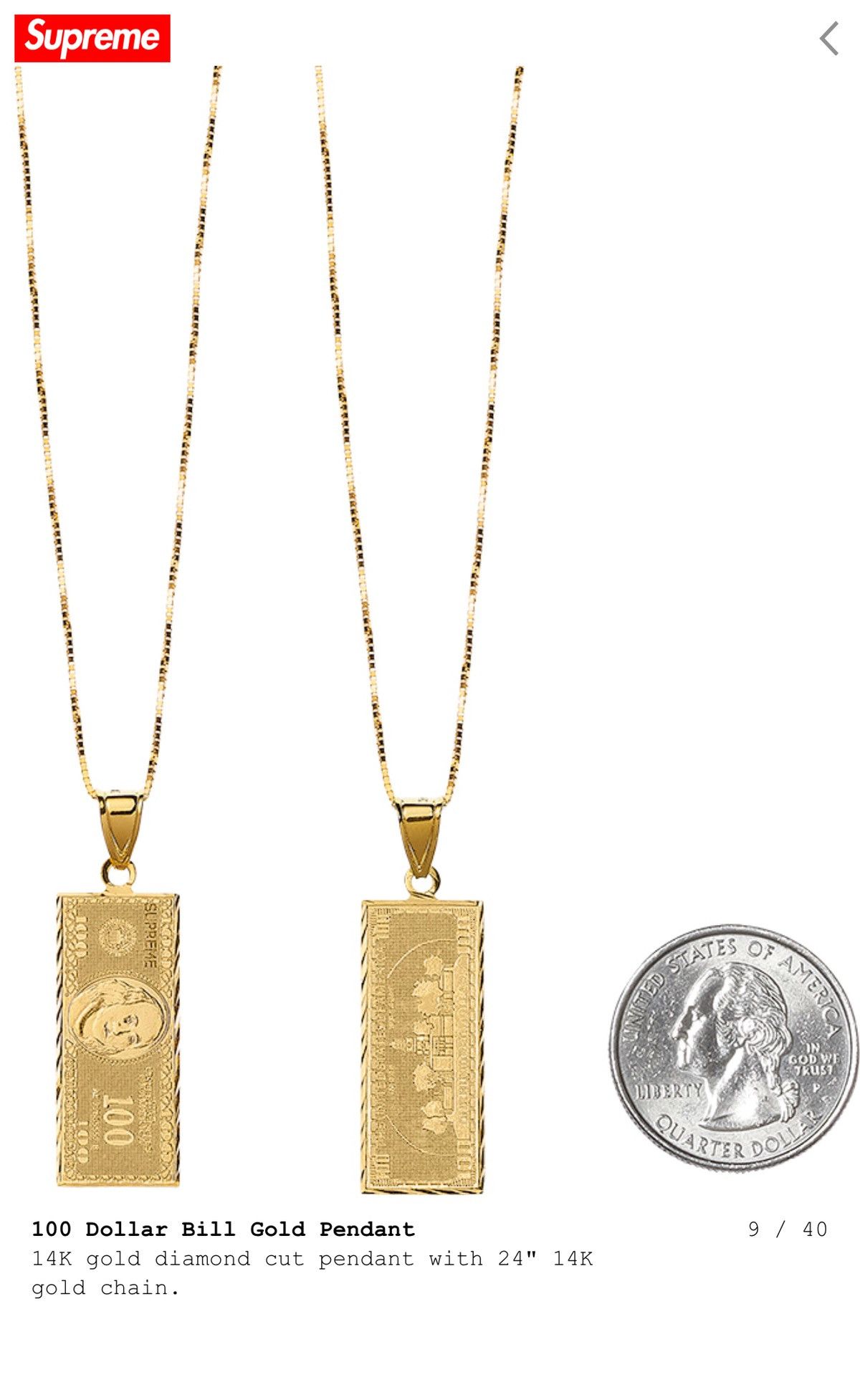 Supreme Supreme 100 Dollar Bill 14k Gold Pendant and 24