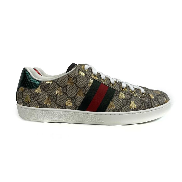NEW GUCCI ACE SNEAKERS GG LOGO METALLIC LEATHER GOLD 10.5G MENS